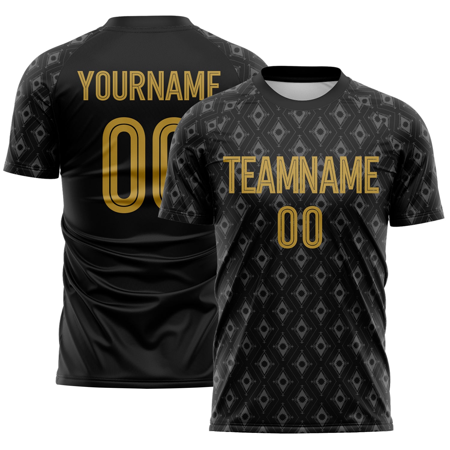 FansIdea Custom Black Old Gold-White Geometric Sublimation Soccer Uniform Jersey - $16.99 at Proof Eyewear