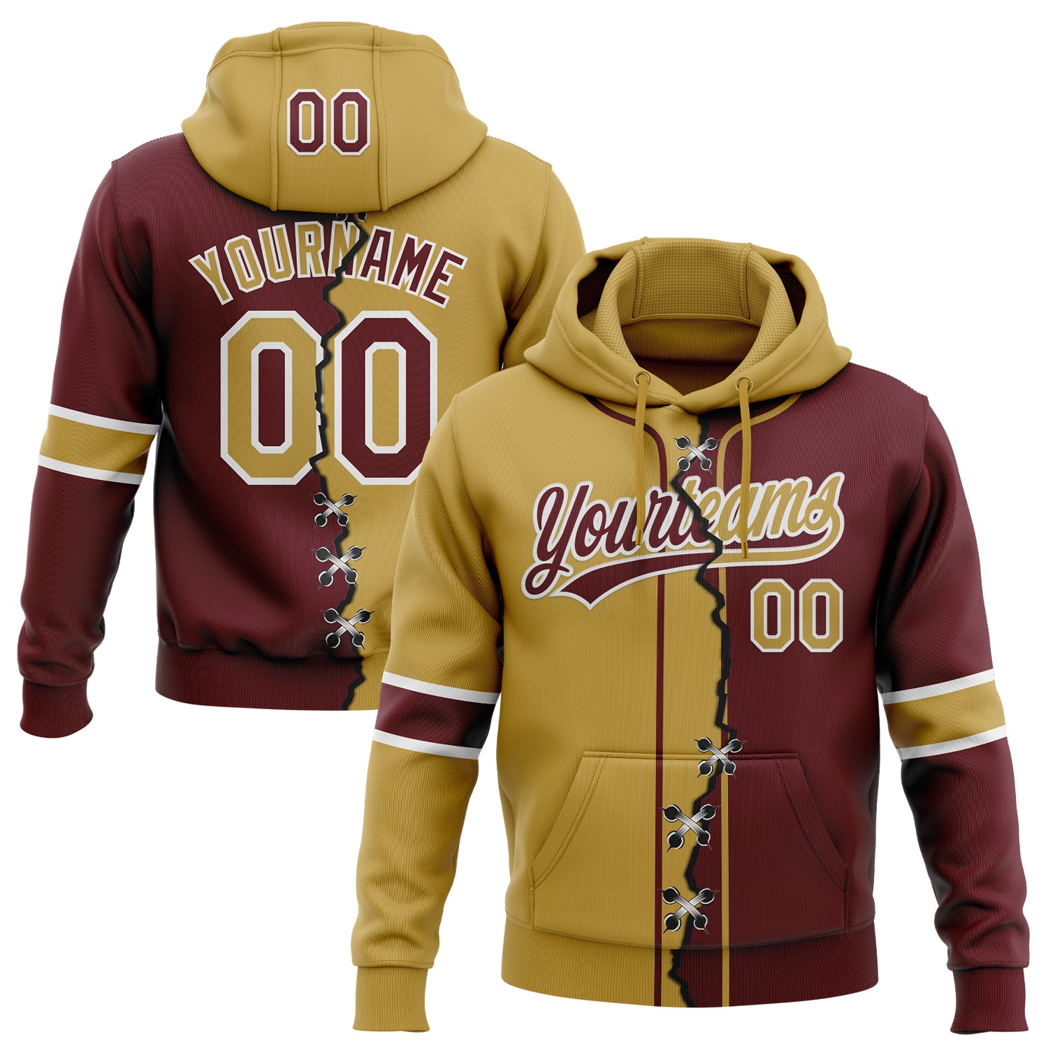 FansIdea Custom Burgundy Old Gold-White Split Ripped Pattern Baseball Pullover Sweatshirt Hoodie - $32.99 at Proof Eyewear