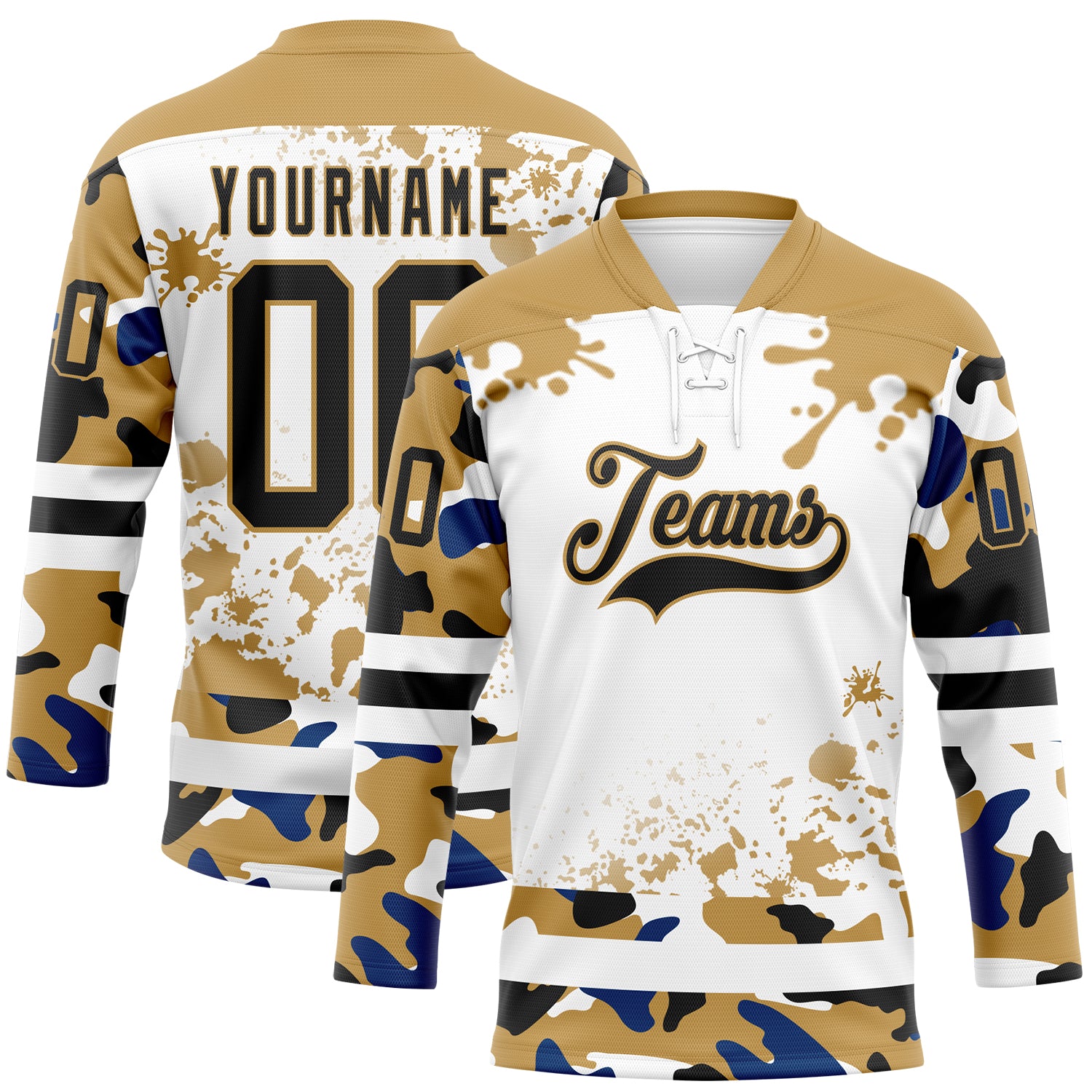 FansIdea Custom Camo Black Old Gold-White Splash Hockey Lace Neck Jersey - $29.99 at Proof Eyewear