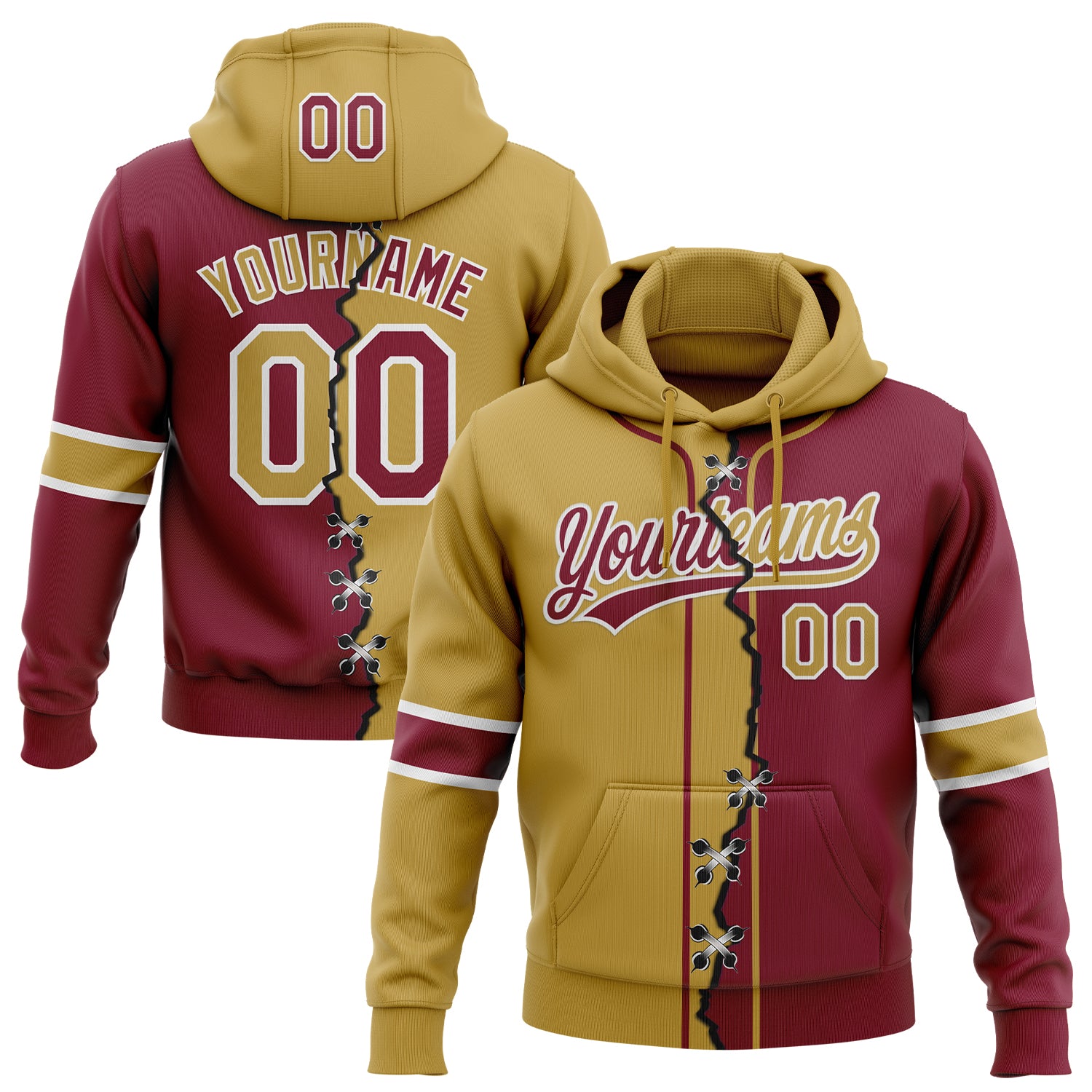 FansIdea Custom Crimson Old Gold-White Split Ripped Pattern Baseball Pullover Sweatshirt Hoodie - $32.99 at Proof Eyewear