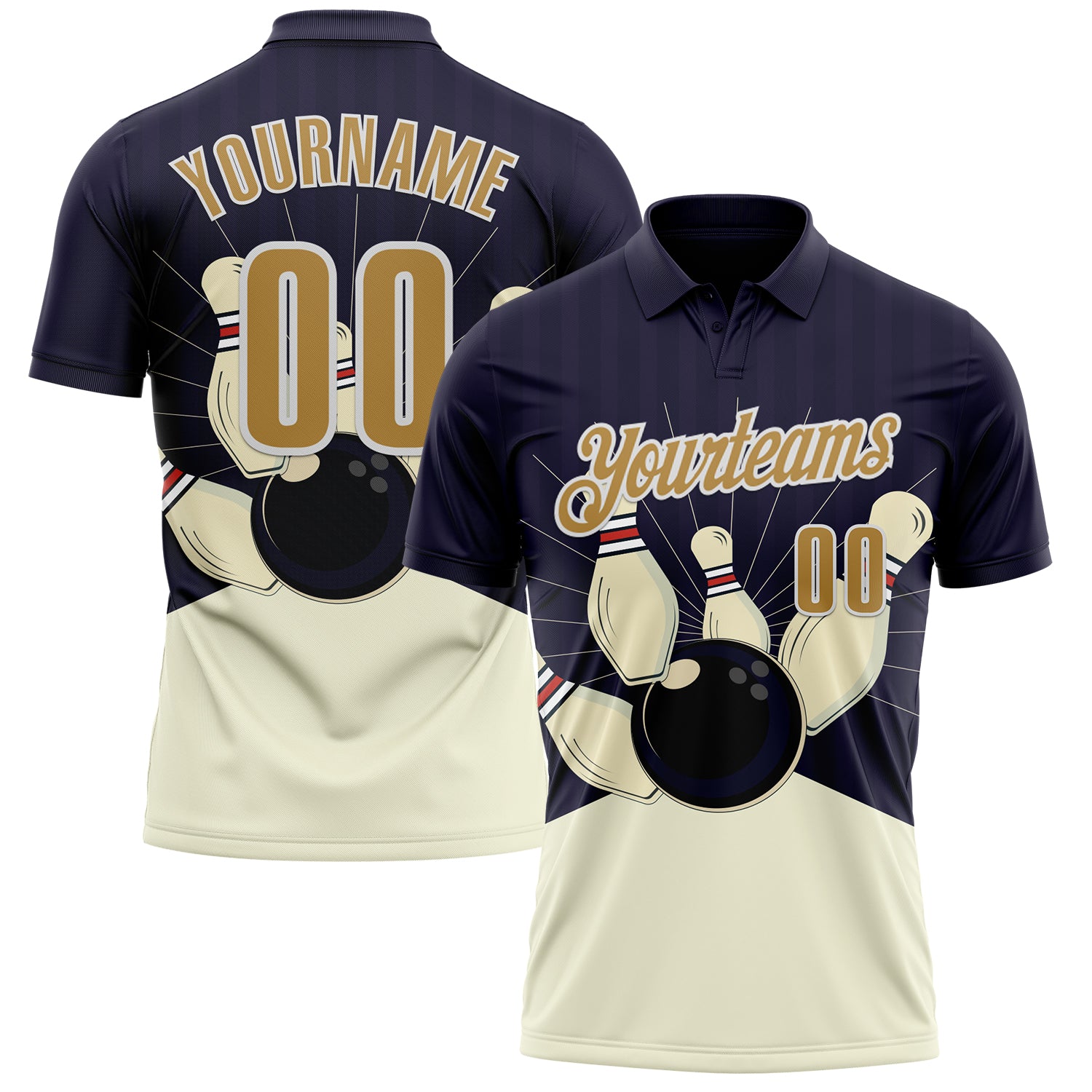 FansIdea Custom Dark Purple Old Gold Cream-White Bowling Ball And Pins Strike Performance Polo Shirt - $19.99 at Proof Eyewear