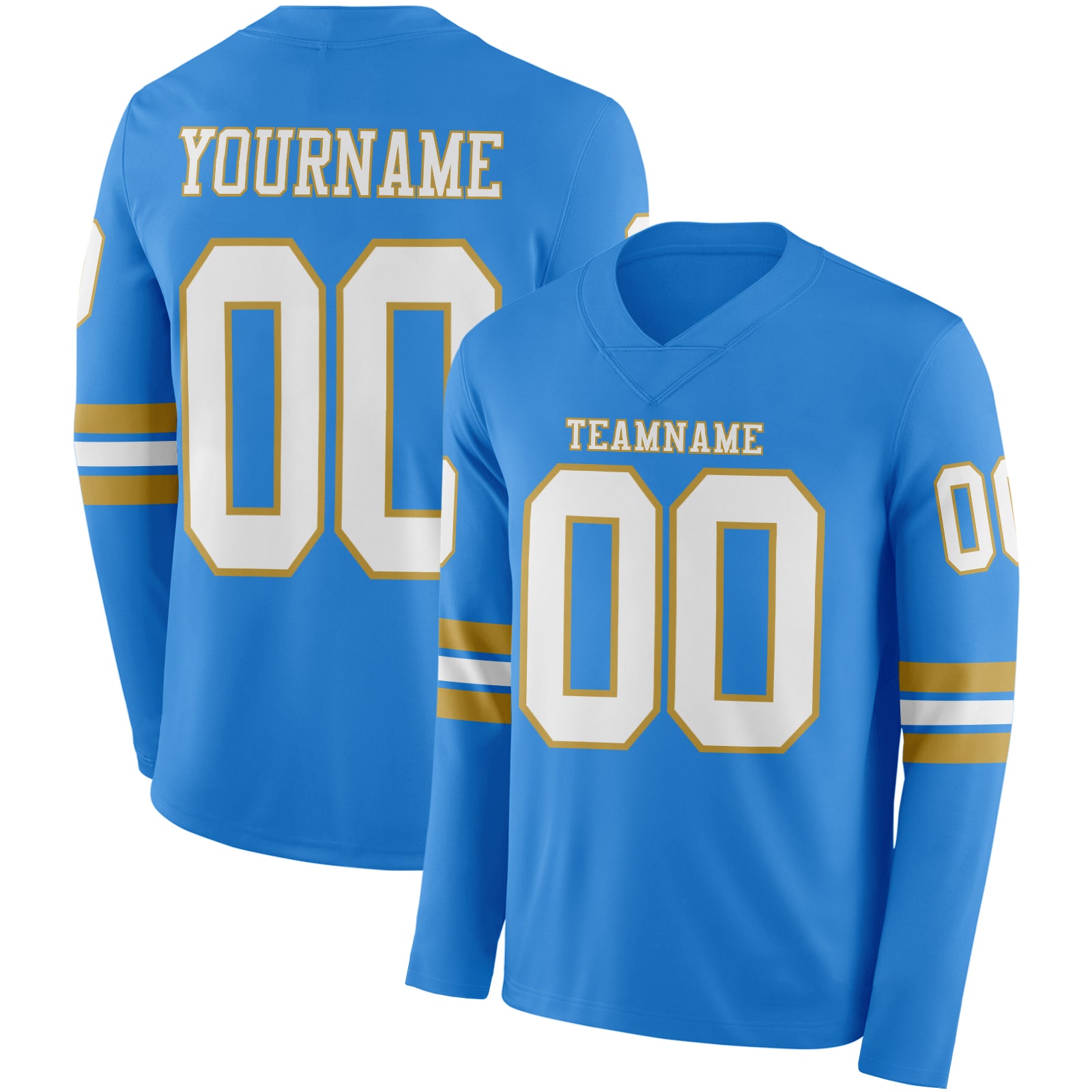 FansIdea Custom Powder Blue White-Old Gold Long Sleeve Authentic Football Jersey - $24.99 at Proof Eyewear