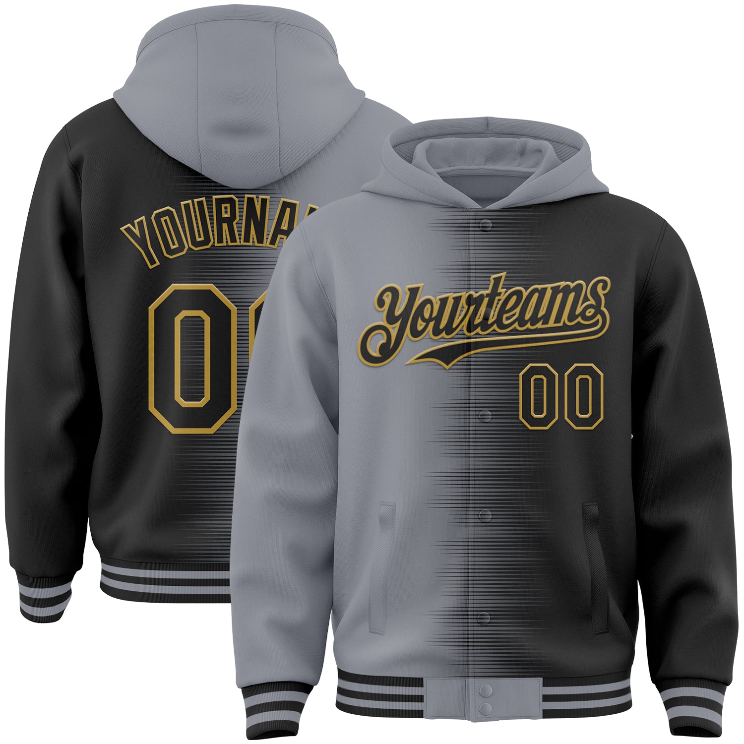 FansIdea Custom Gray Black-Old Gold Gradient Line Bomber Full-Snap Varsity Letterman Hoodie Jacket - $38.99 at Proof Eyewear