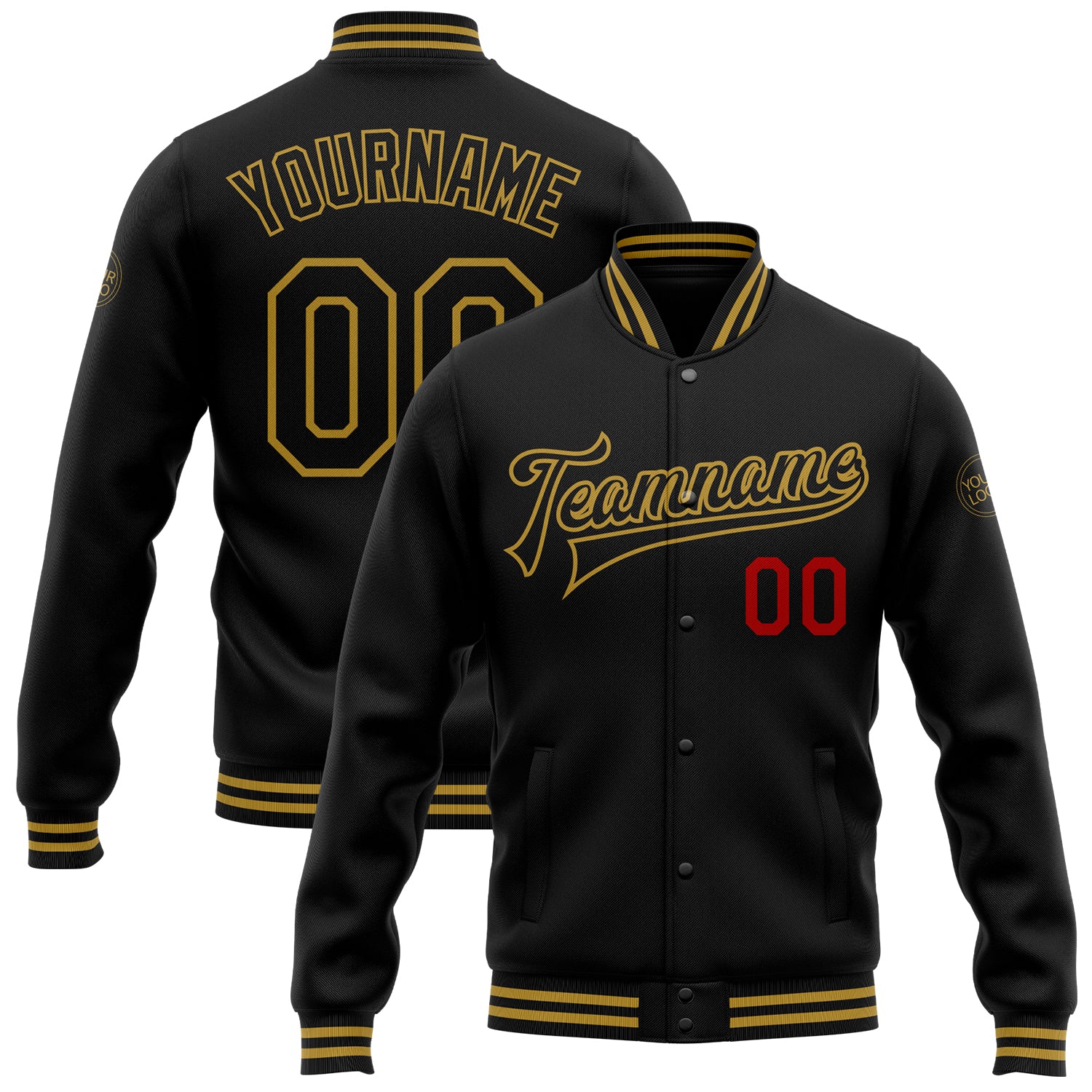 FansIdea Custom Black Old Gold-Red Bomber Full-Snap Varsity Letterman Jacket - $38.99 at Proof Eyewear