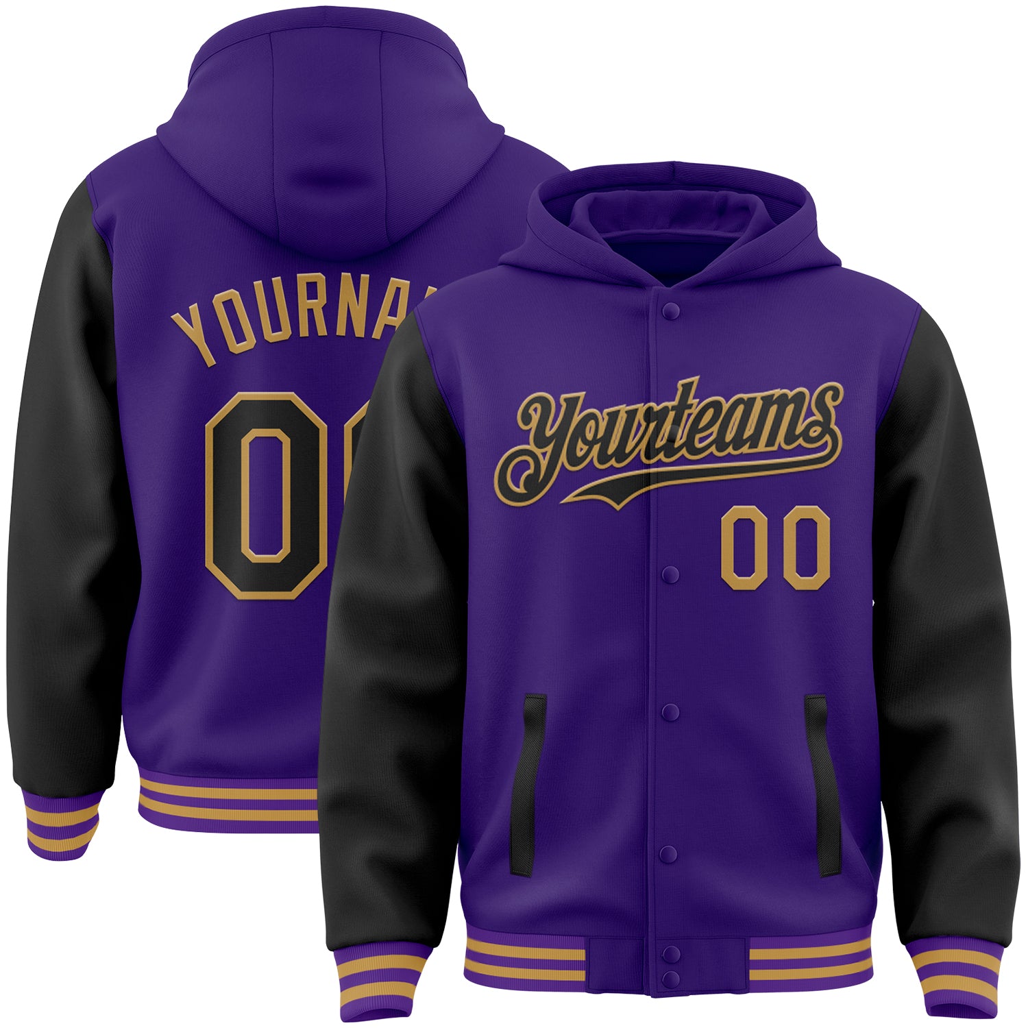 FansIdea Custom Purple Black-Old Gold Bomber Full-Snap Varsity Letterman Two Tone Hoodie Jacket - $38.99 at Proof Eyewear