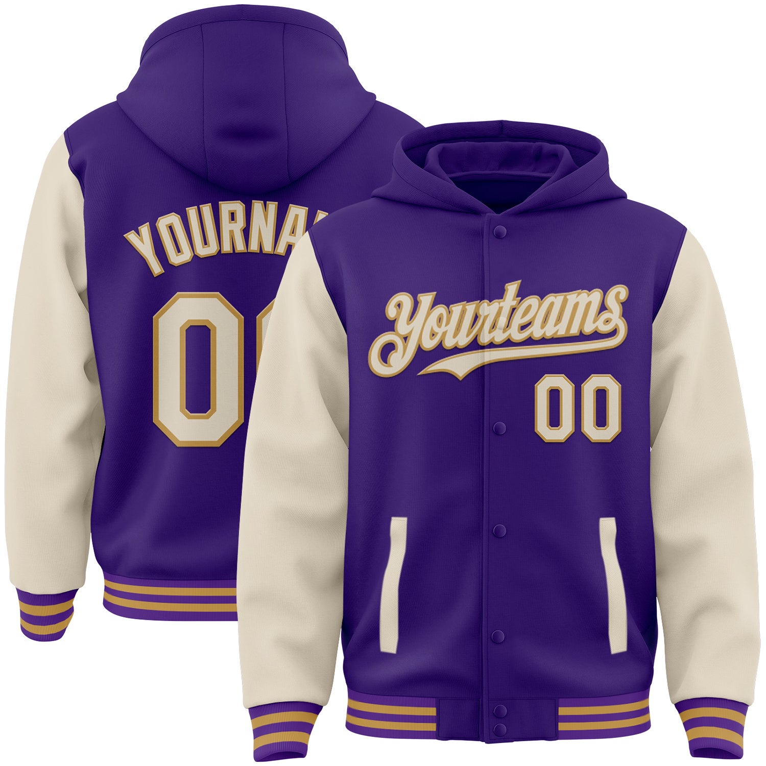 FansIdea Custom Purple Cream-Old Gold Bomber Full-Snap Varsity Letterman Two Tone Hoodie Jacket - $38.99 at Proof Eyewear