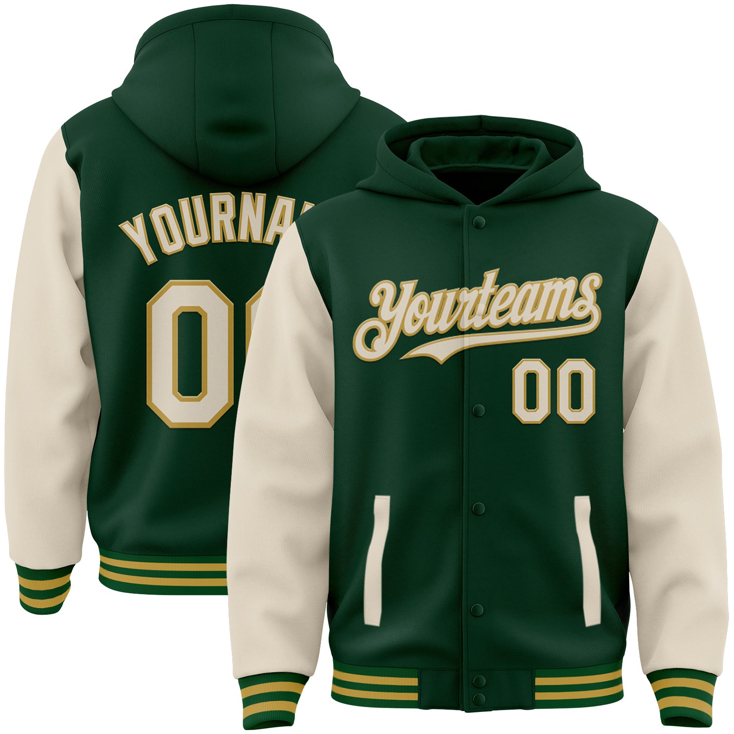 FansIdea Custom Green Cream-Old Gold Bomber Full-Snap Varsity Letterman Two Tone Hoodie Jacket - $38.99 at Proof Eyewear