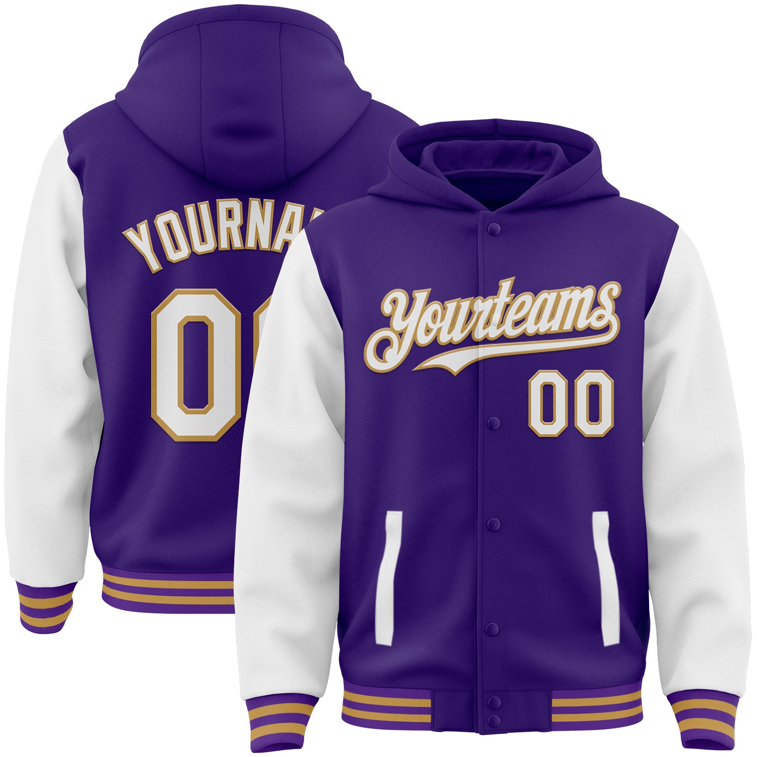 FansIdea Custom Purple White-Old Gold Bomber Full-Snap Varsity Letterman Two Tone Hoodie Jacket - $38.99 at Proof Eyewear