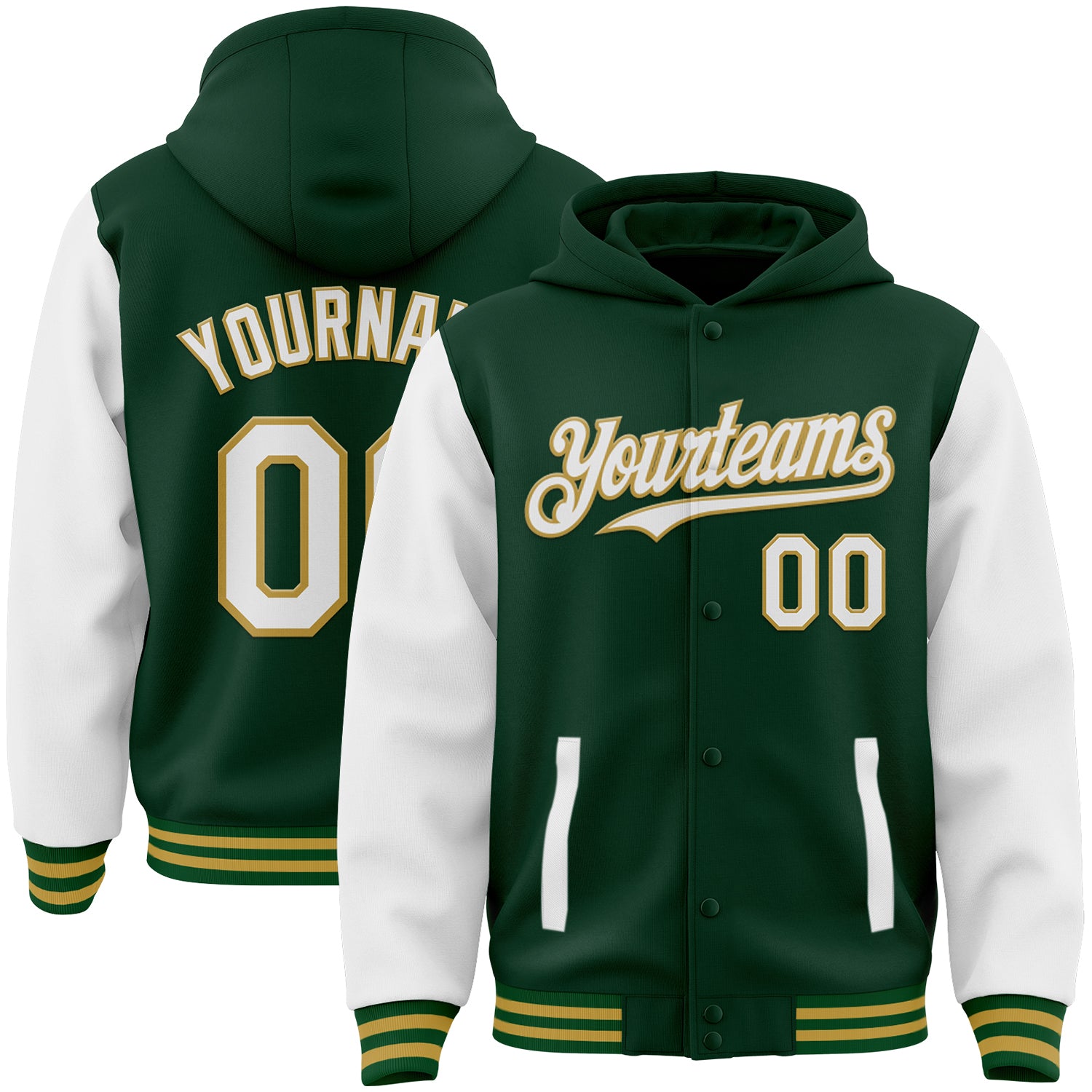 FansIdea Custom Green White-Old Gold Bomber Full-Snap Varsity Letterman Two Tone Hoodie Jacket - $38.99 at Proof Eyewear
