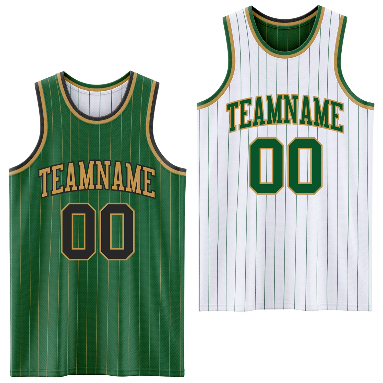 FansIdea Custom Kelly Green Old Gold Pinstripe-Black Reversible Double Side Sublimation Basketball Set Jersey - $17.99 at Proof Eyewear