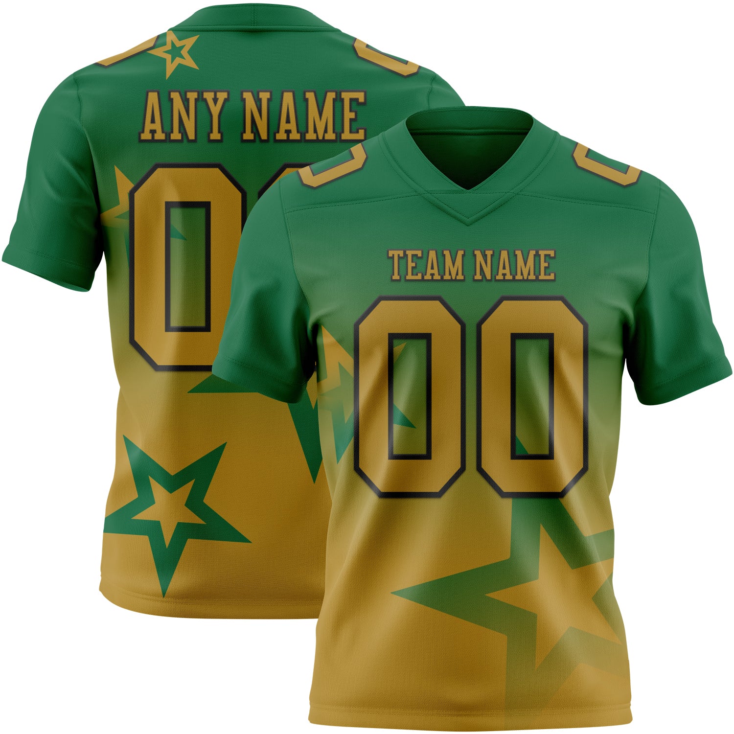 FansIdea Custom Kelly Green Old Gold-Black Authentic Gradient Style Twinkle Star Football Jersey - $19.99 at Proof Eyewear