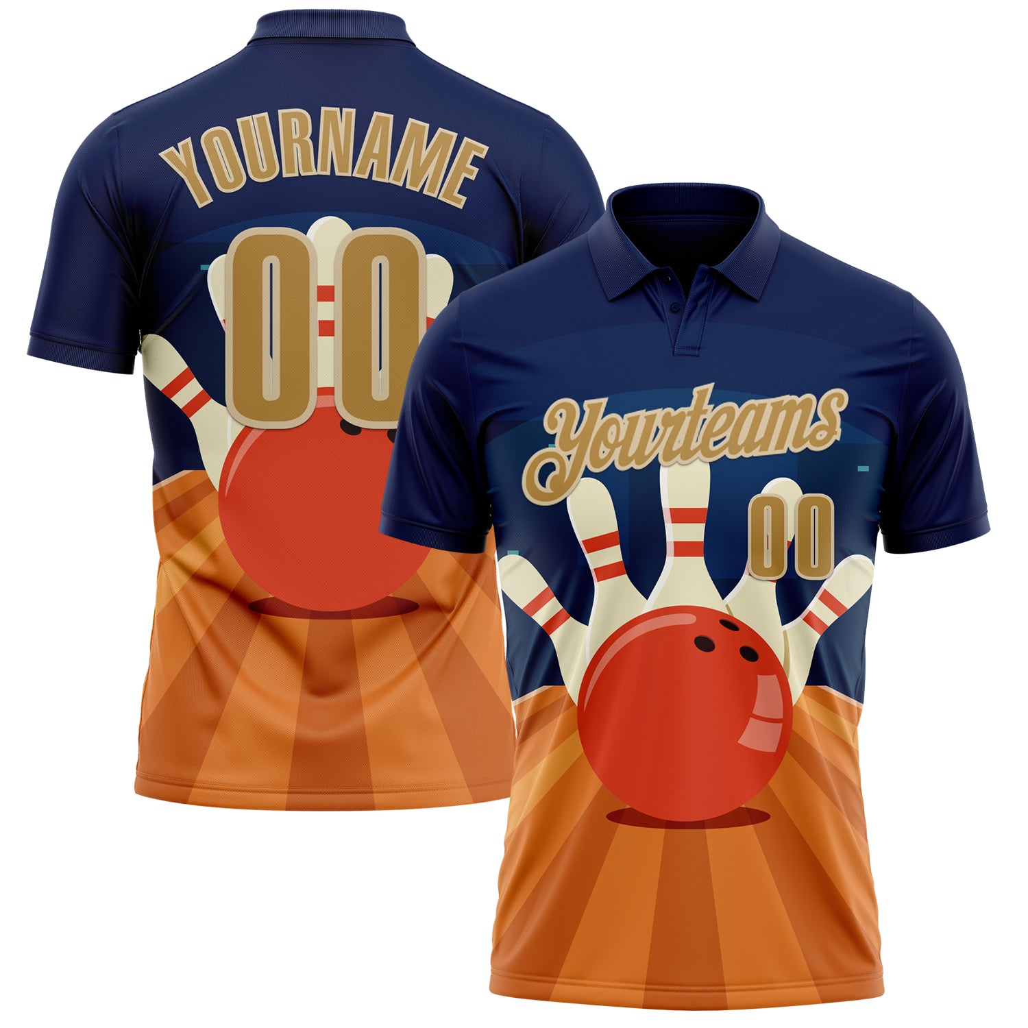 FansIdea Custom Navy Old Gold Orange-City Cream Bowling Ball And Pins Strike Performance Polo Shirt - $19.99 at Proof Eyewear