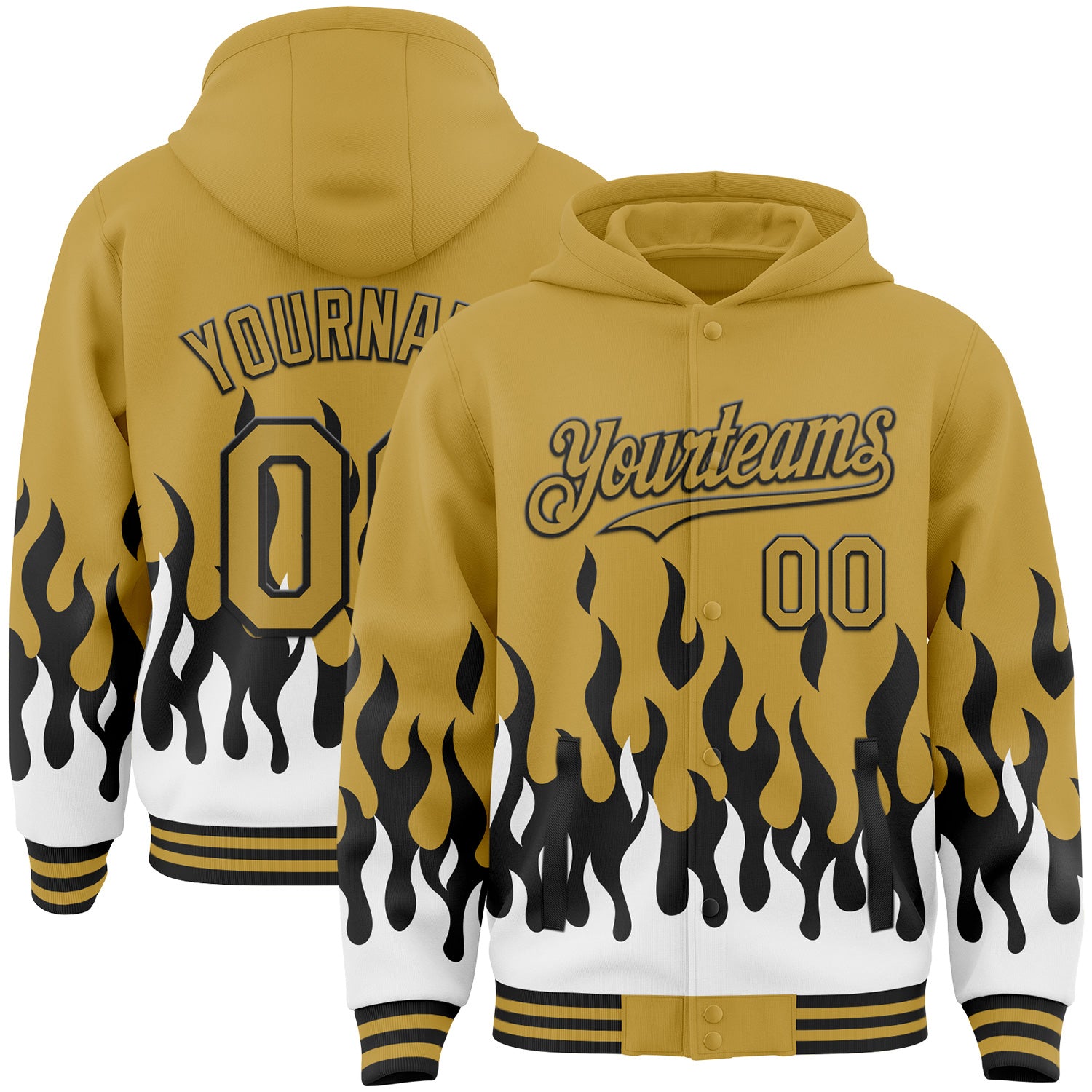 FansIdea Custom Old Gold Black-White Fire Flame Bomber Full-Snap Varsity Letterman Hoodie Jacket - $38.99 at Proof Eyewear