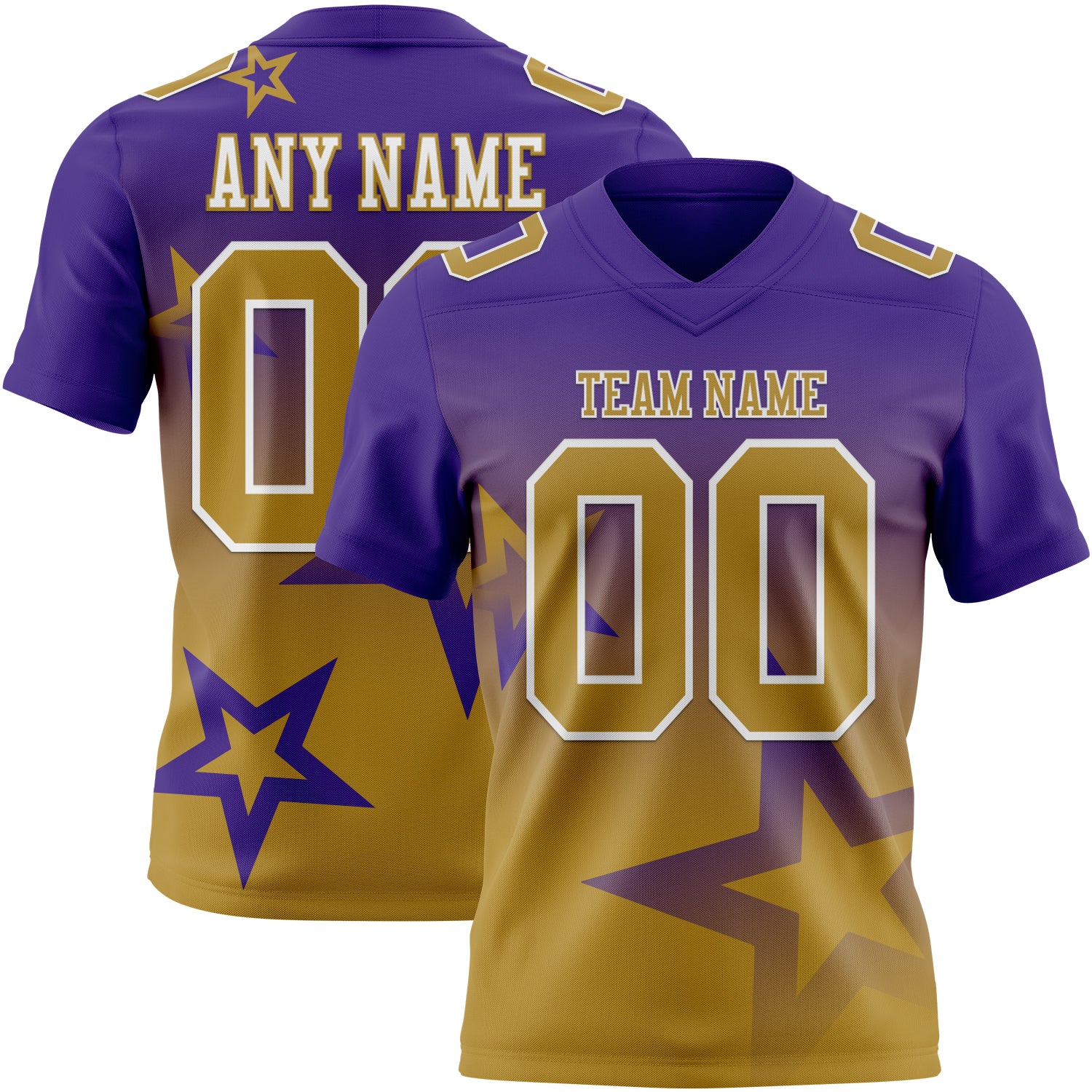 FansIdea Custom Purple Old Gold-White Authentic Gradient Style Twinkle Star Football Jersey - $19.99 at Proof Eyewear