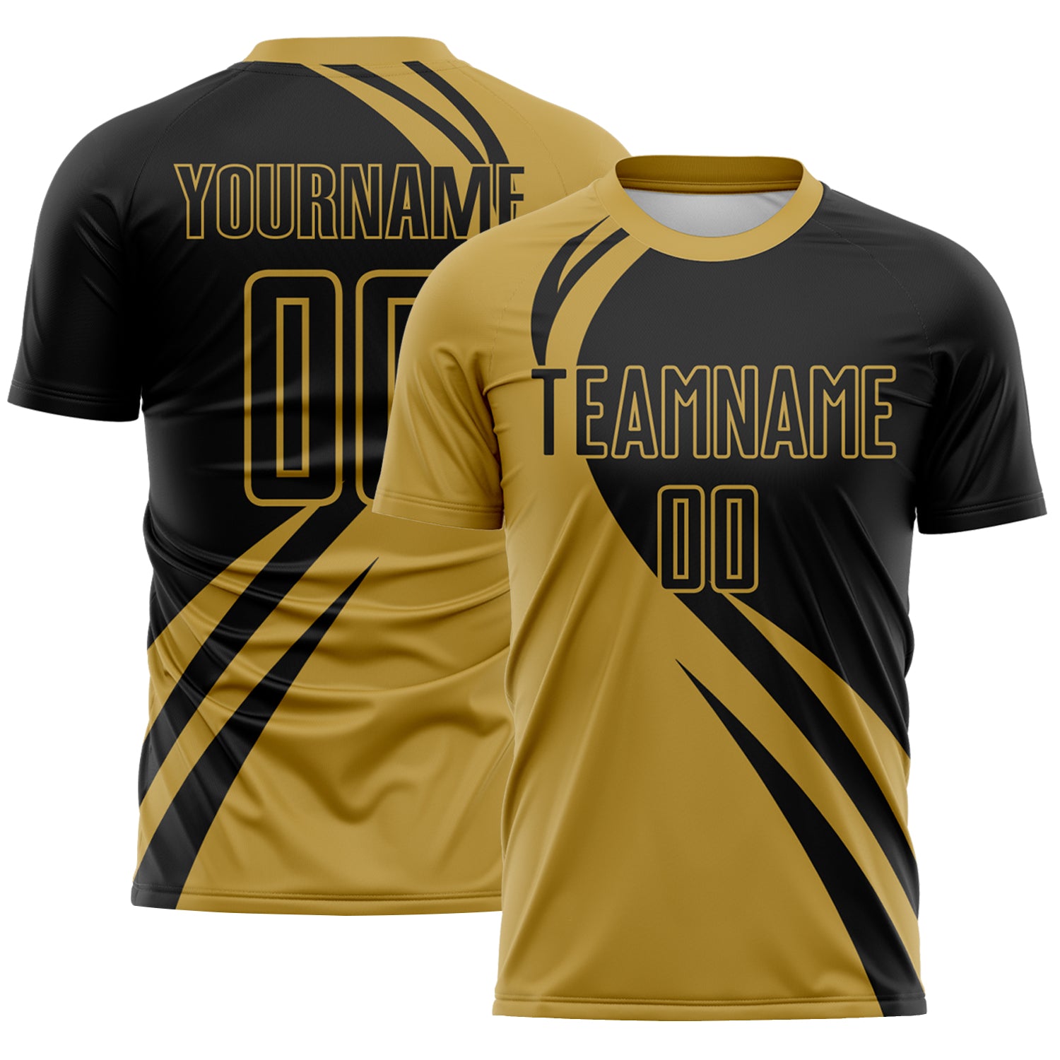 FansIdea Custom Old Gold Black Diagonal Streamline Color Block Swirl Curve Lines Sublimation Soccer Uniform Jersey - $16.99 at Proof Eyewear