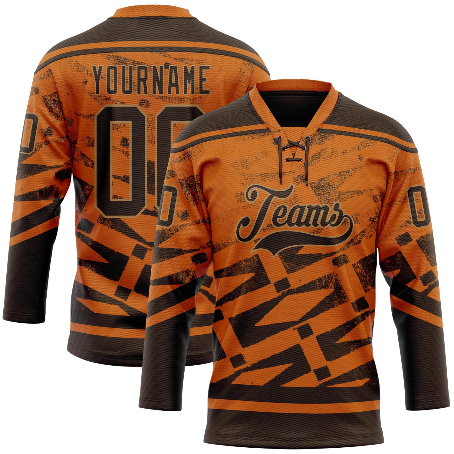 FansIdea Custom Texas Orange Brown-Old Gold Tribal Indigenous Gradient Geometric Splash Hockey Lace Neck Jersey - $29.99 at Proof Eyewear