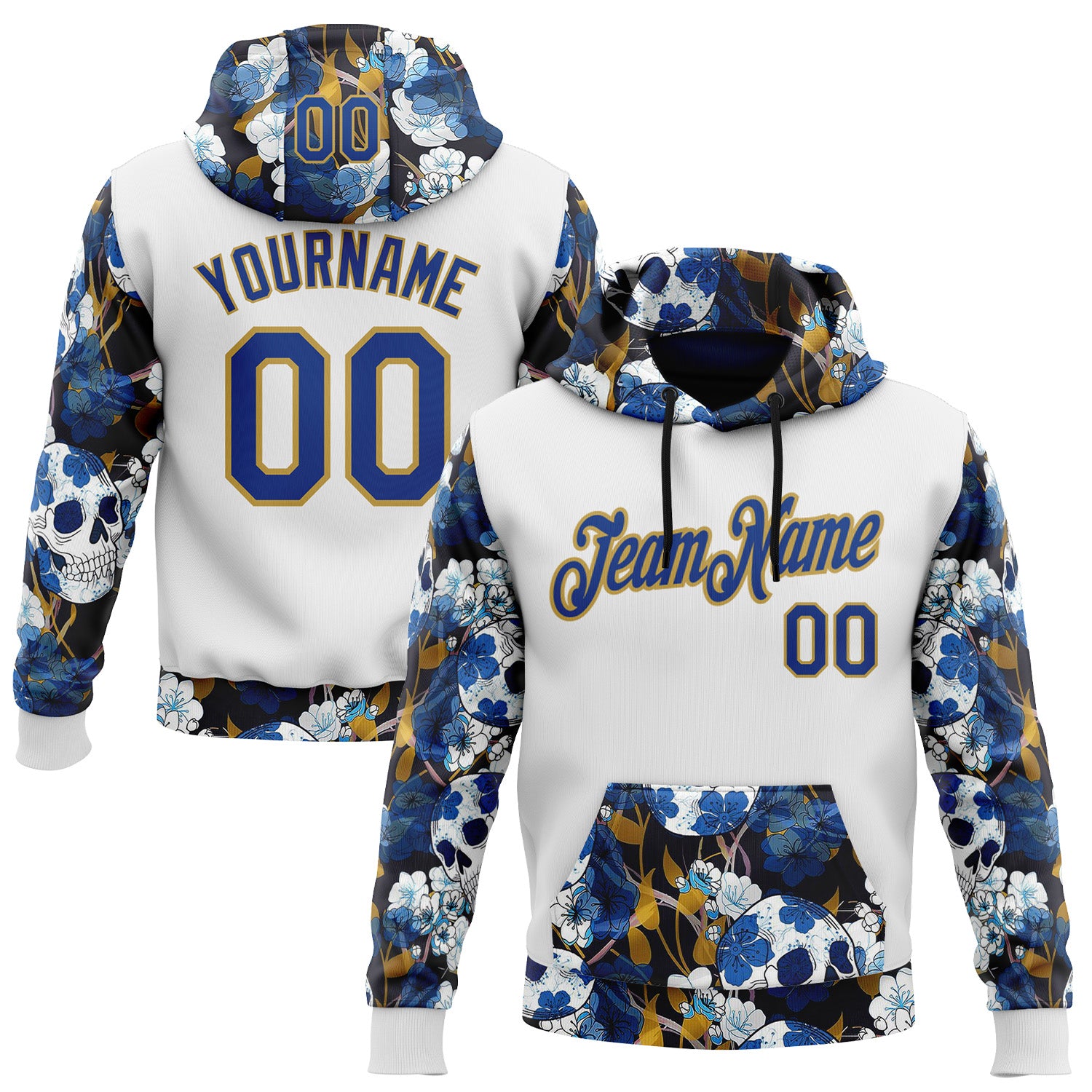 FansIdea Custom White Royal-Old Gold 3D Skull Floral Sports Pullover Sweatshirt Hoodie - $32.99 at Proof Eyewear