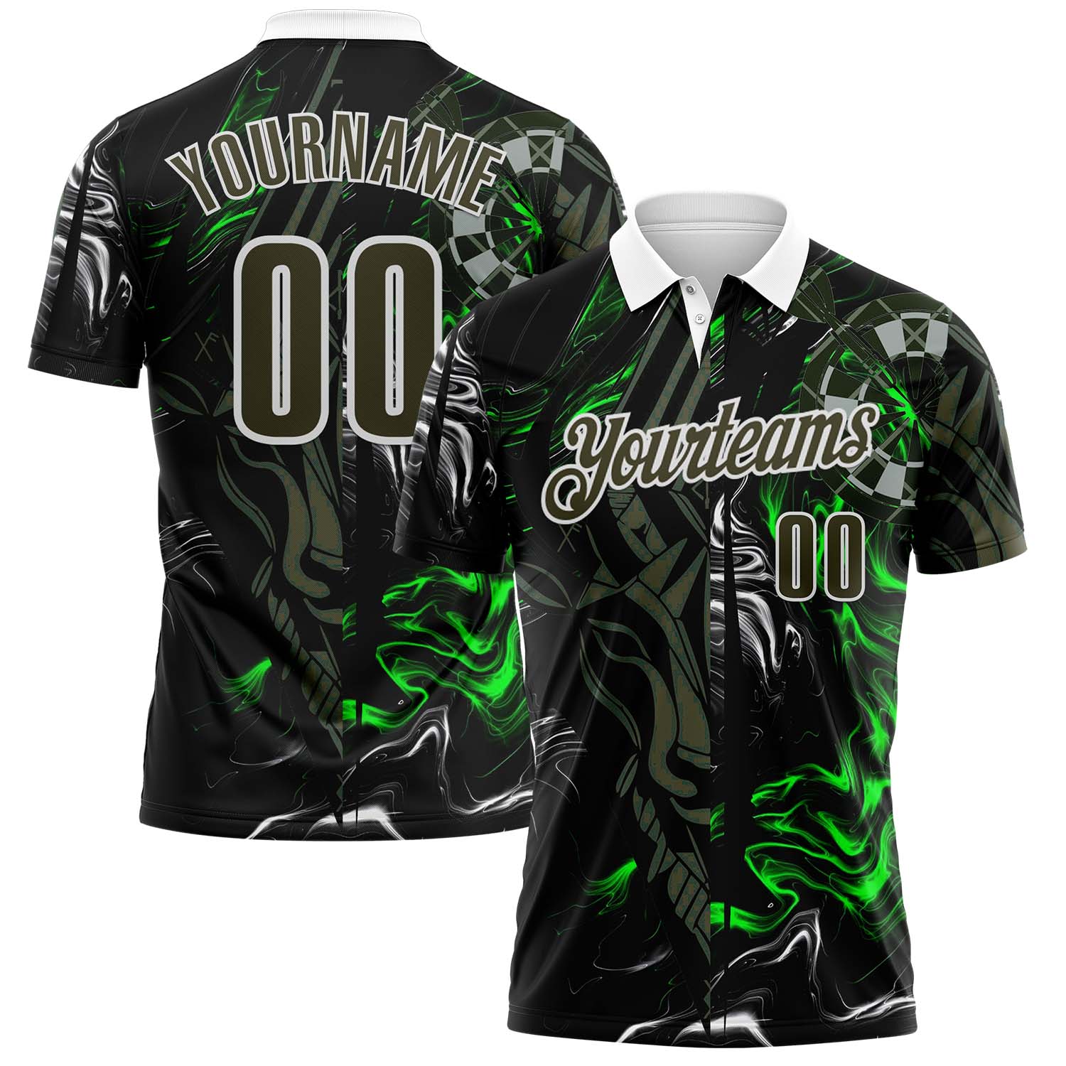 FansIdea Custom Black Olive Green-White Darts Gothic Deer Dartboard Performance Polo Shirt - $19.99 at Proof Eyewear