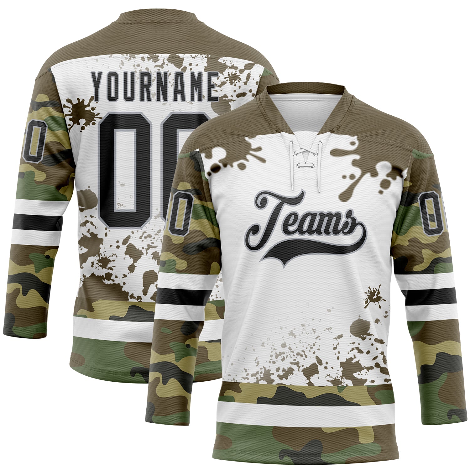 FansIdea Custom Camo Black Olive Gray-White Splash Hockey Lace Neck Jersey - $29.99 at Proof Eyewear