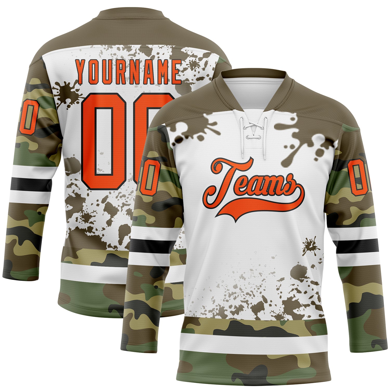 FansIdea Custom Camo Orange Olive Black-White Splash Hockey Lace Neck Jersey - $29.99 at Proof Eyewear