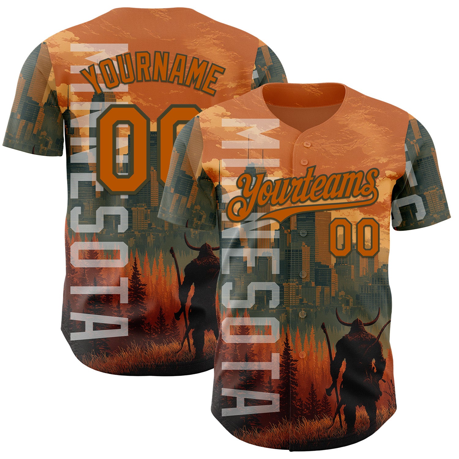 FansIdea Custom Texas Orange Olive Minnesota Sunset Cityscape Vikings City Symbol Authentic Baseball Jersey - $29.99 at Proof Eyewear