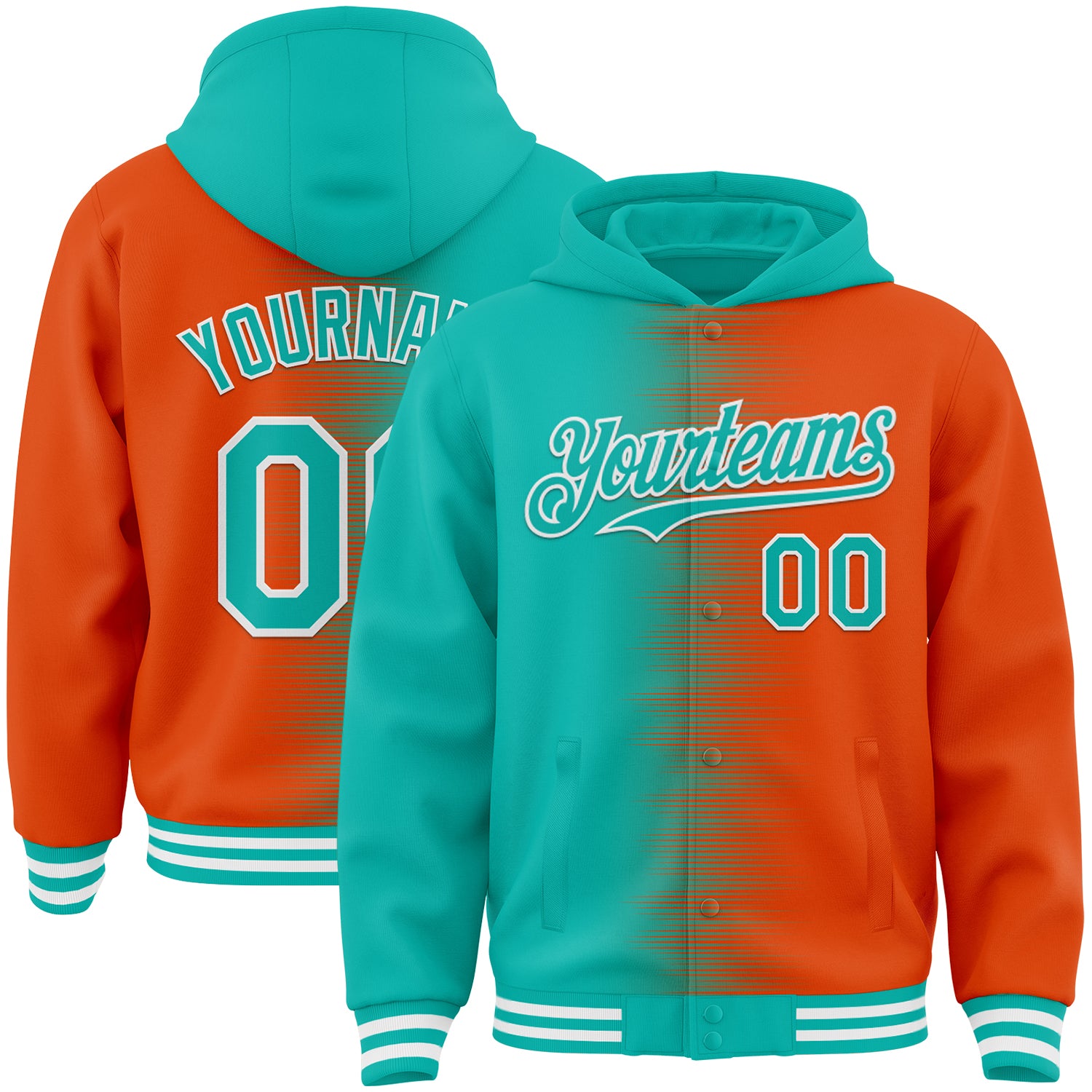 FansIdea Custom Aqua Orange-White Gradient Line Bomber Full-Snap Varsity Letterman Hoodie Jacket - $38.99 at Proof Eyewear