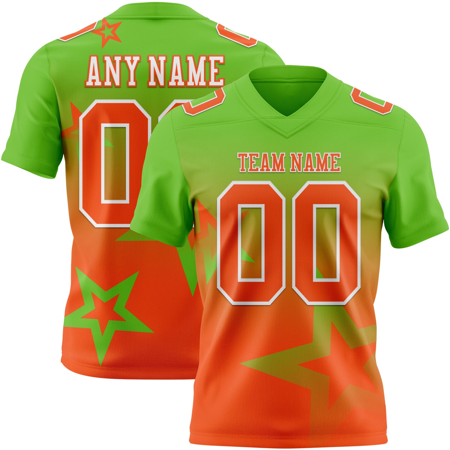 FansIdea Custom Aurora Green Orange-White Authentic Gradient Style Twinkle Star Football Jersey - $19.99 at Proof Eyewear