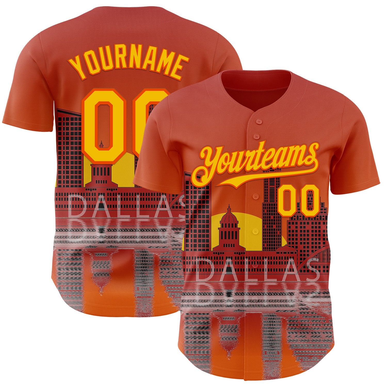 FansIdea Custom Orange Yellow Dallas Texas Sunset Cityscape Landmark City Symbol Authentic Baseball Jersey - $29.99 at Proof Eyewear