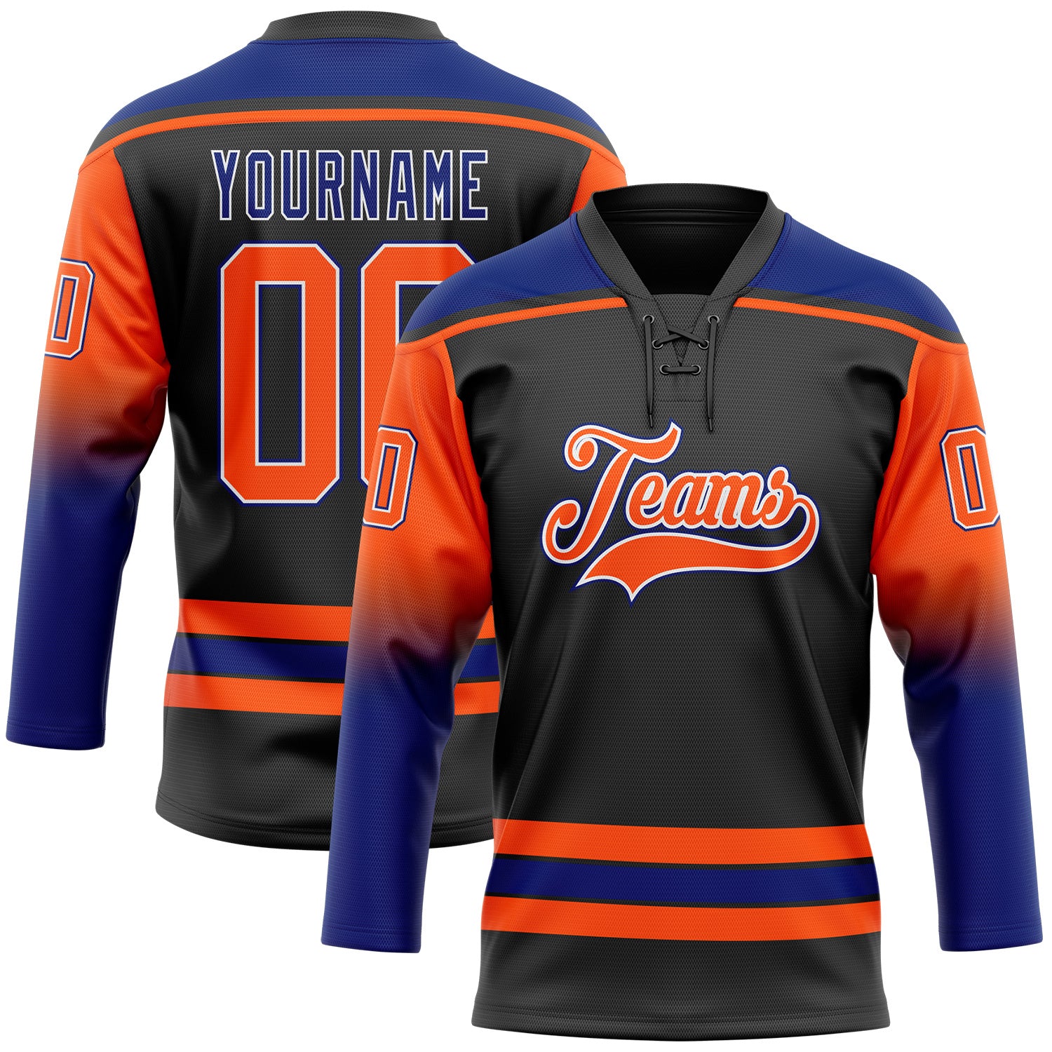 FansIdea Custom Black Orange Royal-White Gradient Sleeves Lace Neck Hockey Jersey - $29.99 at Proof Eyewear