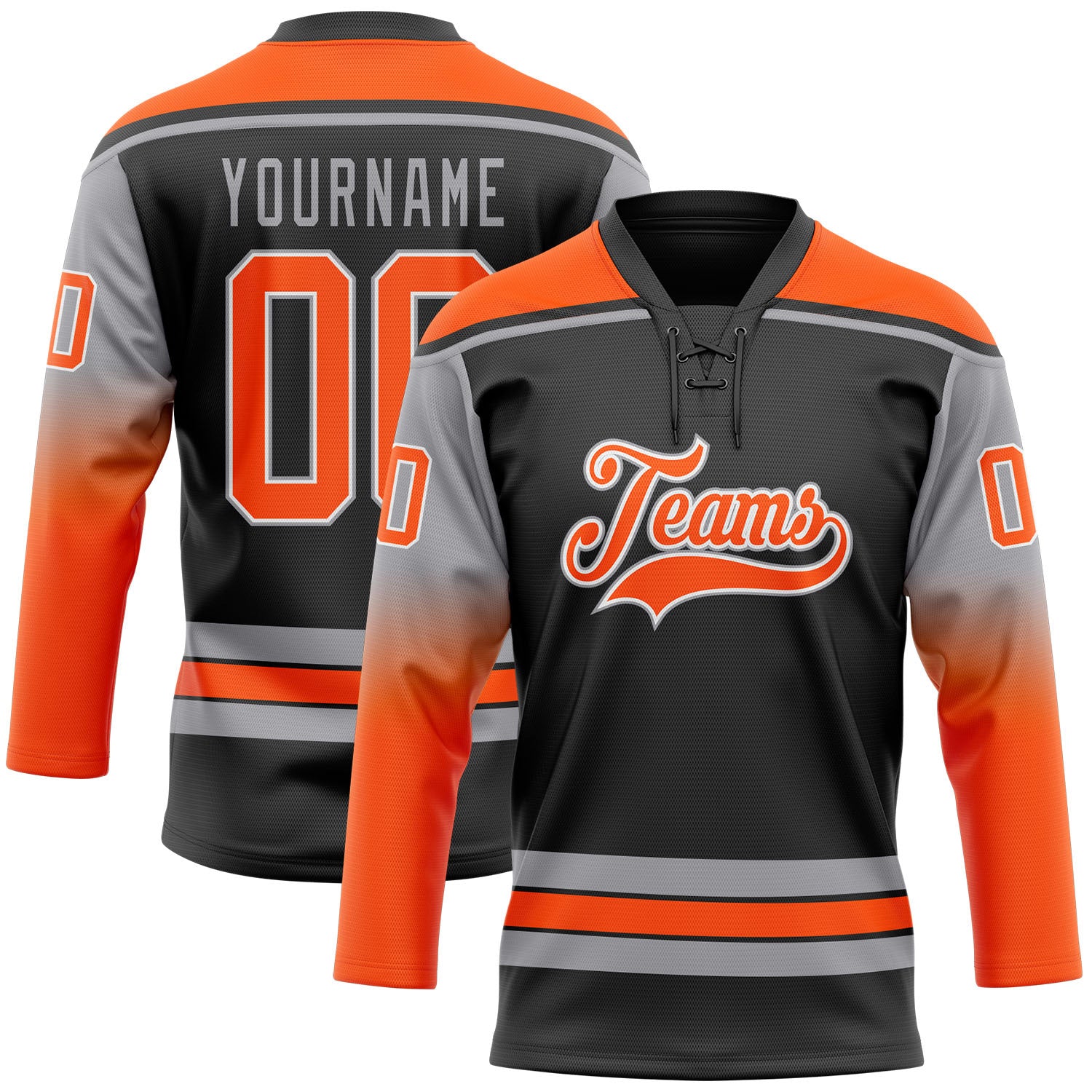 FansIdea Custom Black Orange Gray-White Gradient Sleeves Lace Neck Hockey Jersey - $29.99 at Proof Eyewear