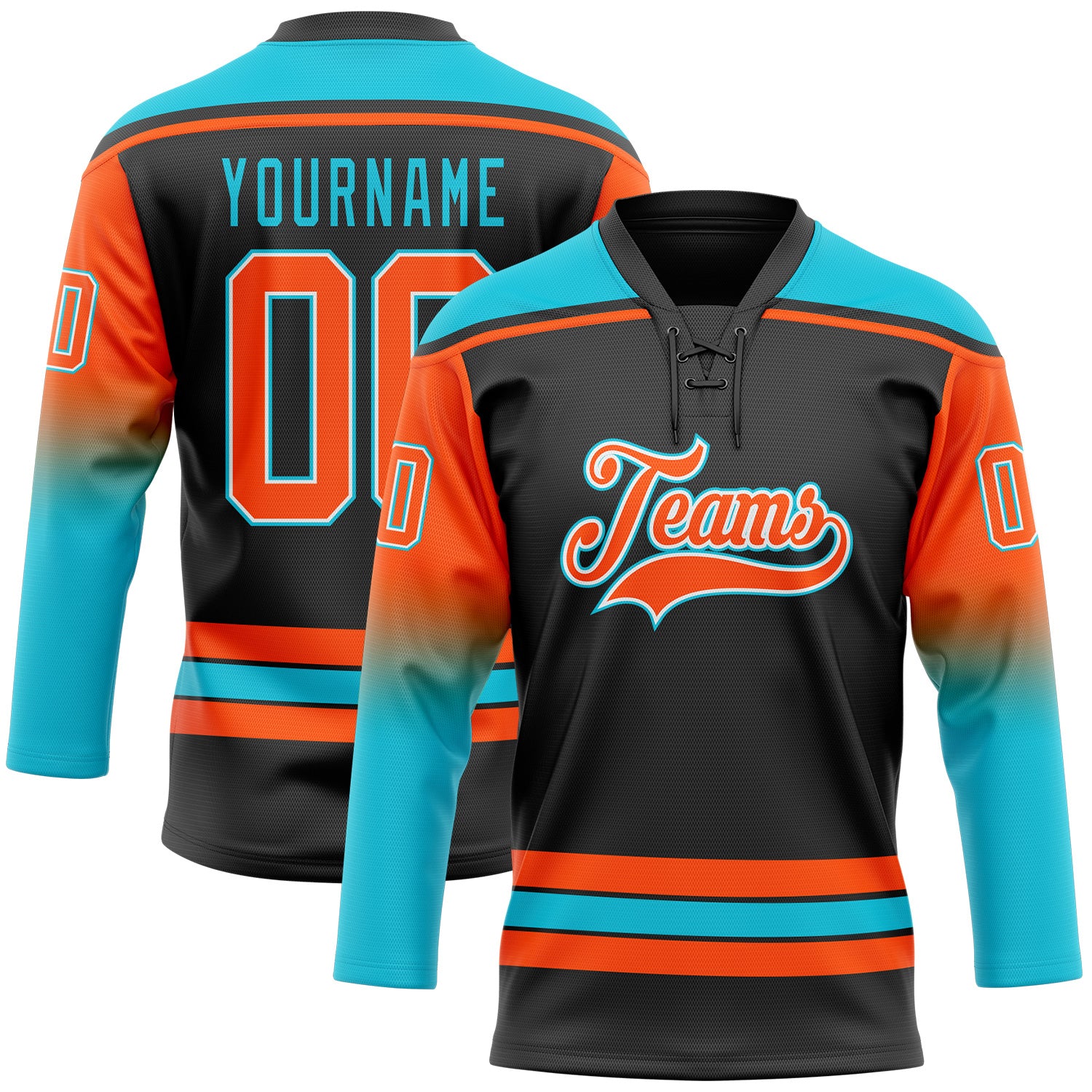 FansIdea Custom Black Orange Lakes Blue-White Gradient Sleeves Lace Neck Hockey Jersey - $29.99 at Proof Eyewear