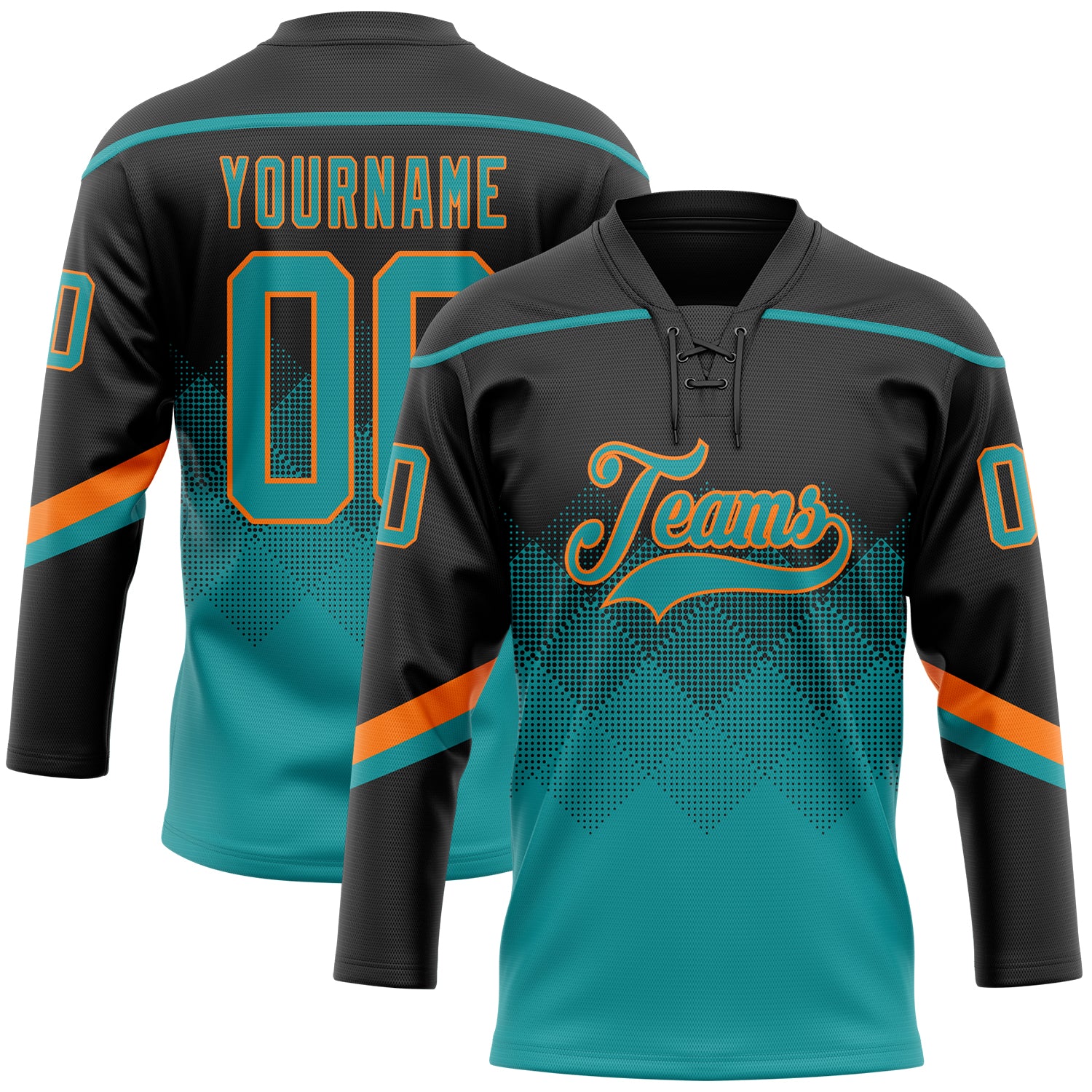 FansIdea Custom Black Teal-Orange 3D Pattern Gradient Square Shapes Hockey Lace Neck Jersey - $29.99 at Proof Eyewear
