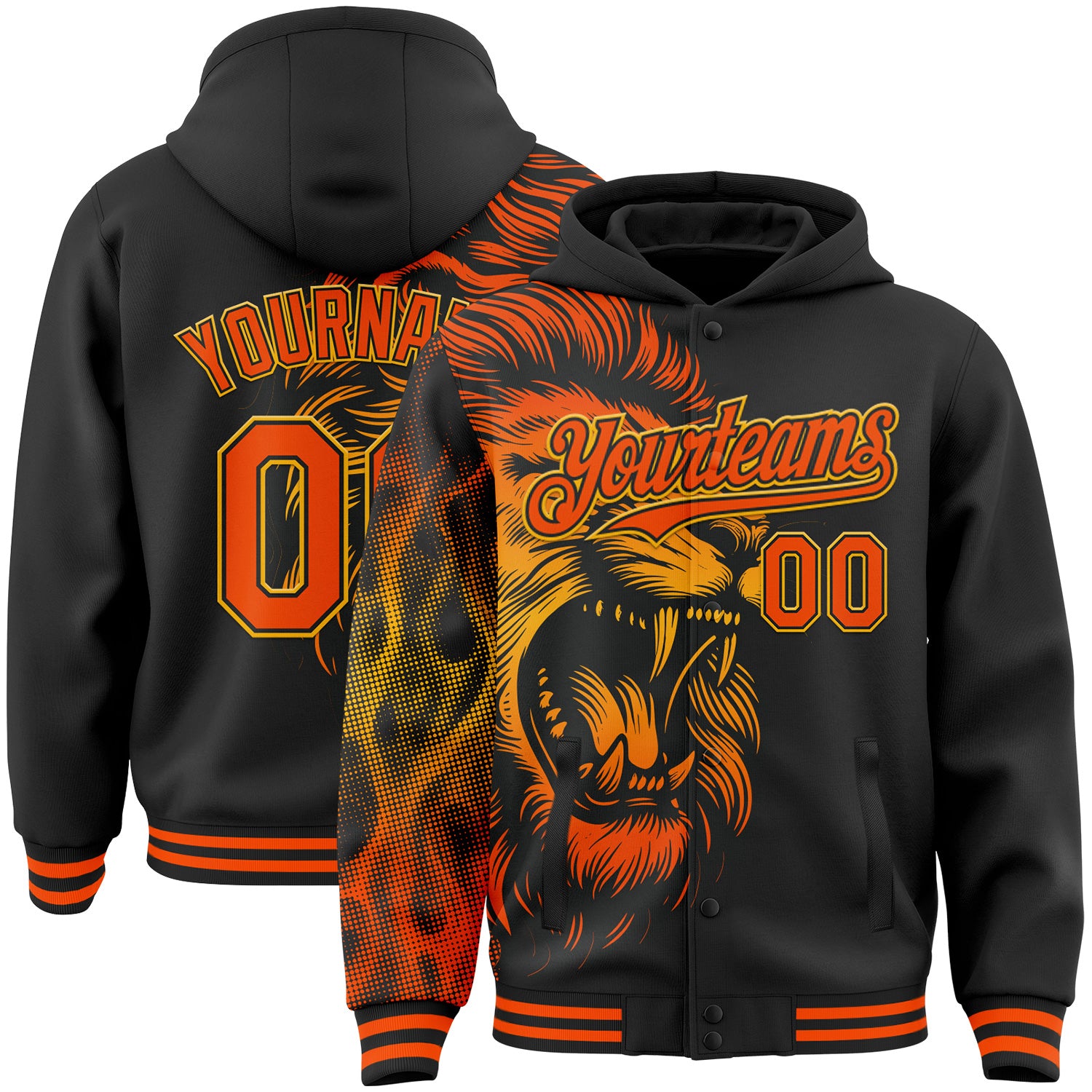 FansIdea Custom Black Orange-Gold Lion Halftone Dot Bomber Full-Snap Varsity Letterman Hoodie Jacket - $38.99 at Proof Eyewear