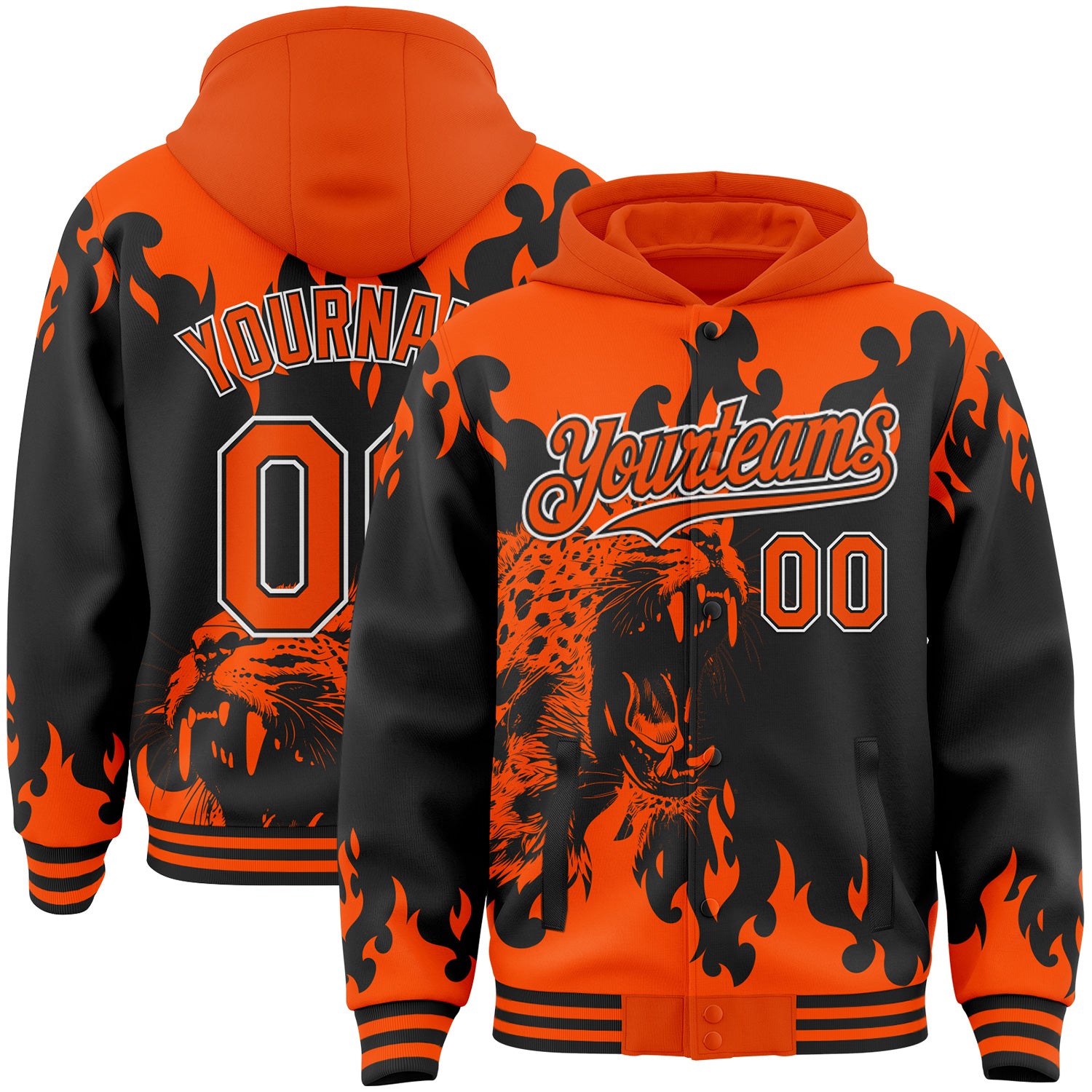 FansIdea Custom Black Orange-White Lion Flame Splatter Bomber Full-Snap Varsity Letterman Hoodie Jacket - $38.99 at Proof Eyewear