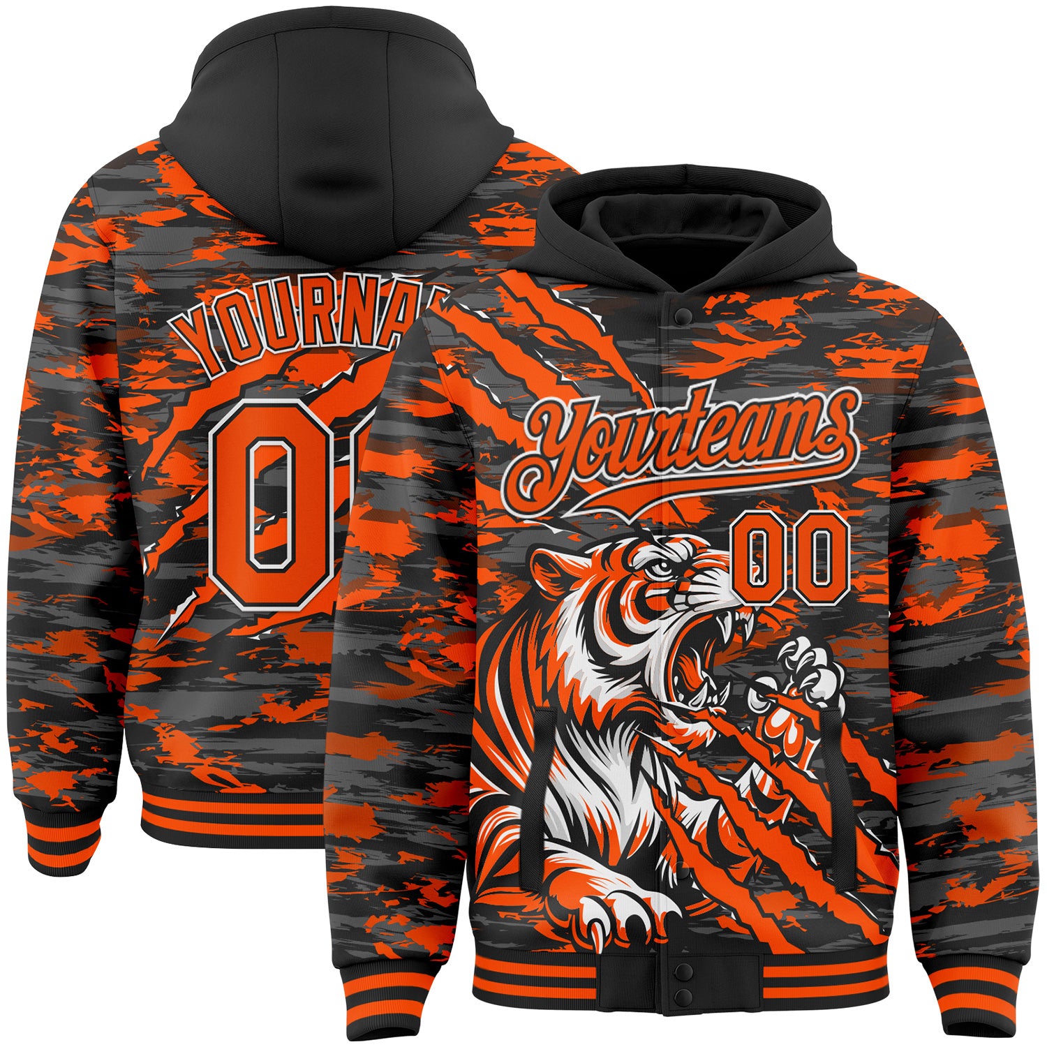 FansIdea Custom Black Orange-White Tiger Claw Scratch Bomber Full-Snap Varsity Letterman Hoodie Jacket - $38.99 at Proof Eyewear