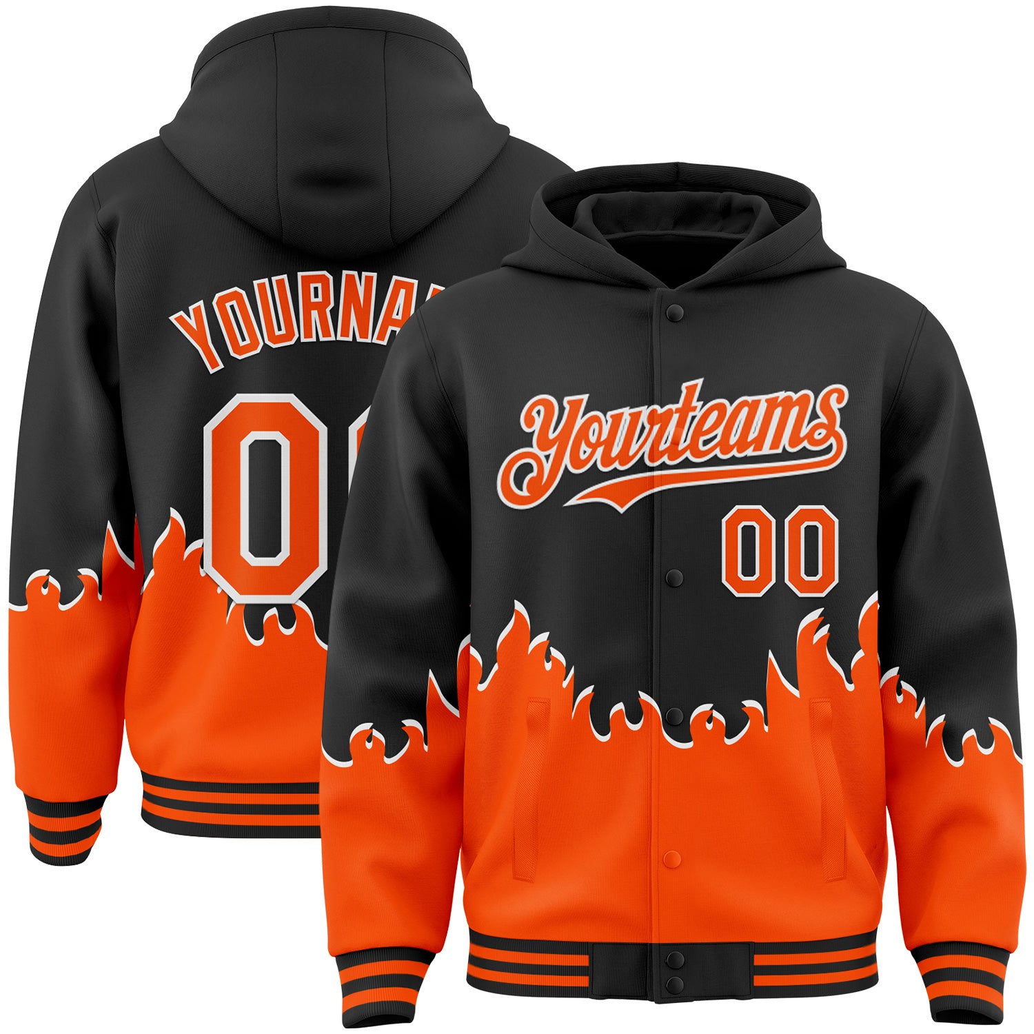 FansIdea Custom Black Orange-White Fire Flame Bomber Full-Snap Varsity Letterman Hoodie Jacket - $38.99 at Proof Eyewear