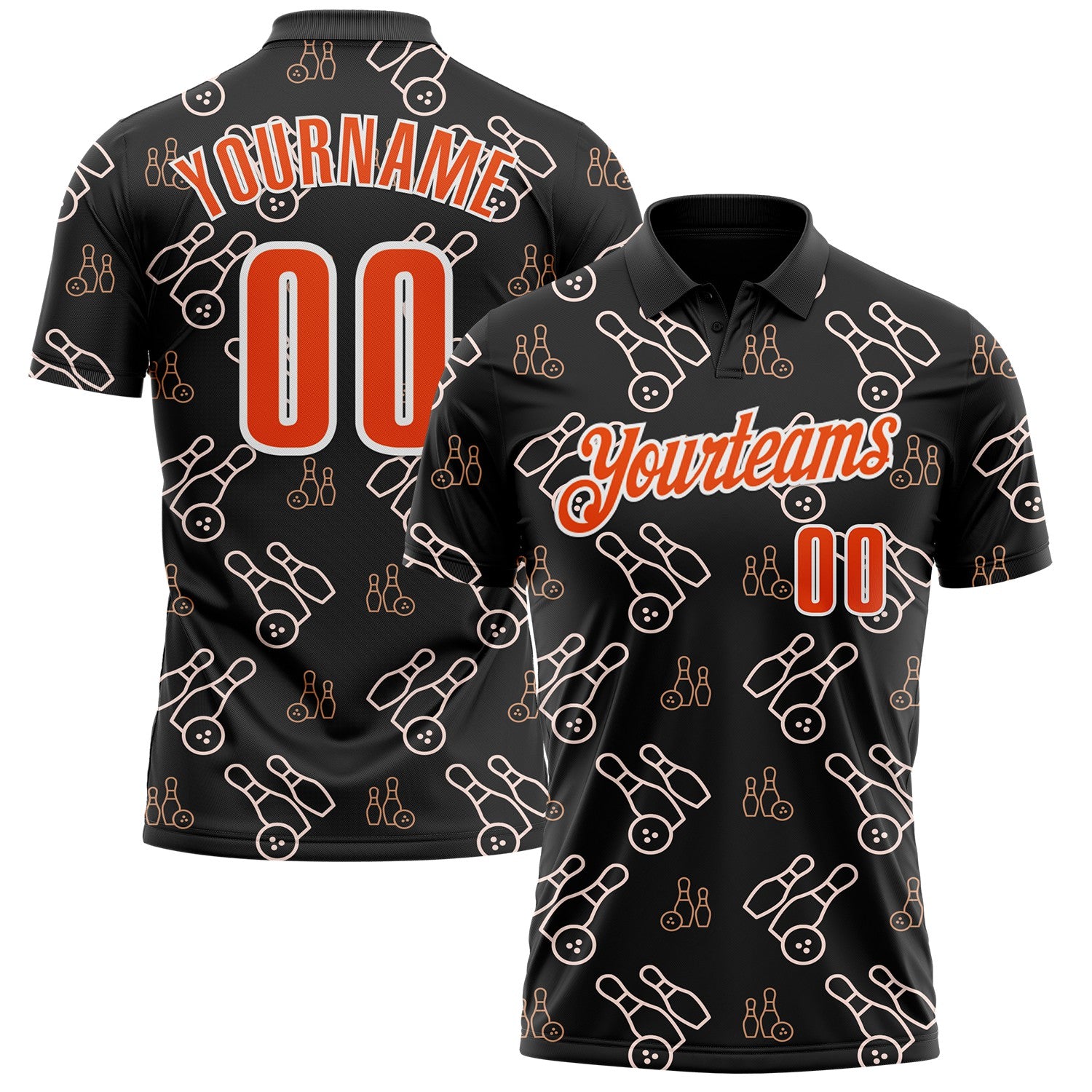 FansIdea Custom Black Orange-White Bowling Ball And Pins Strike Performance Polo Shirt - $19.99 at Proof Eyewear
