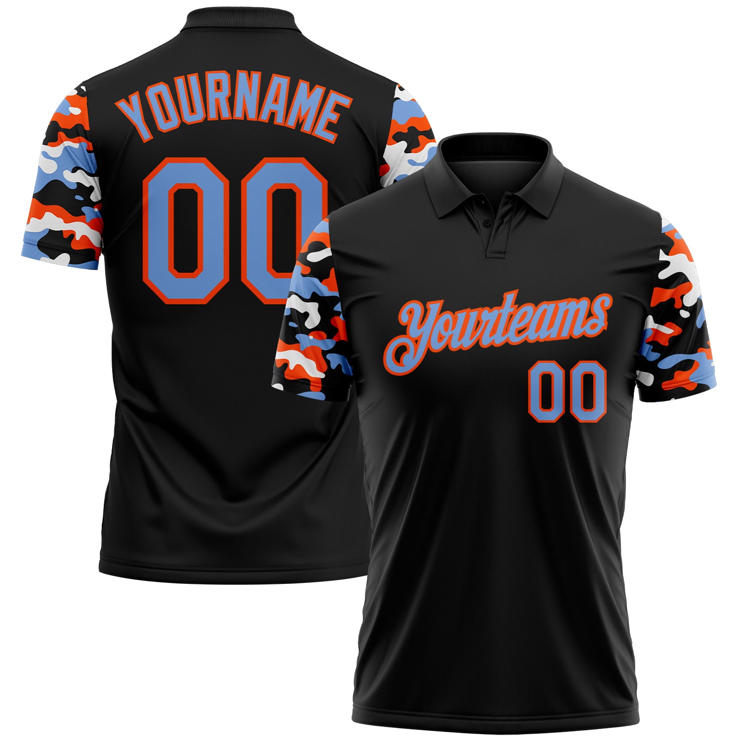 FansIdea Custom Black Powder Blue Orange-White Digital Camo Two Tone Performance Polo Shirt - $19.99 at Proof Eyewear