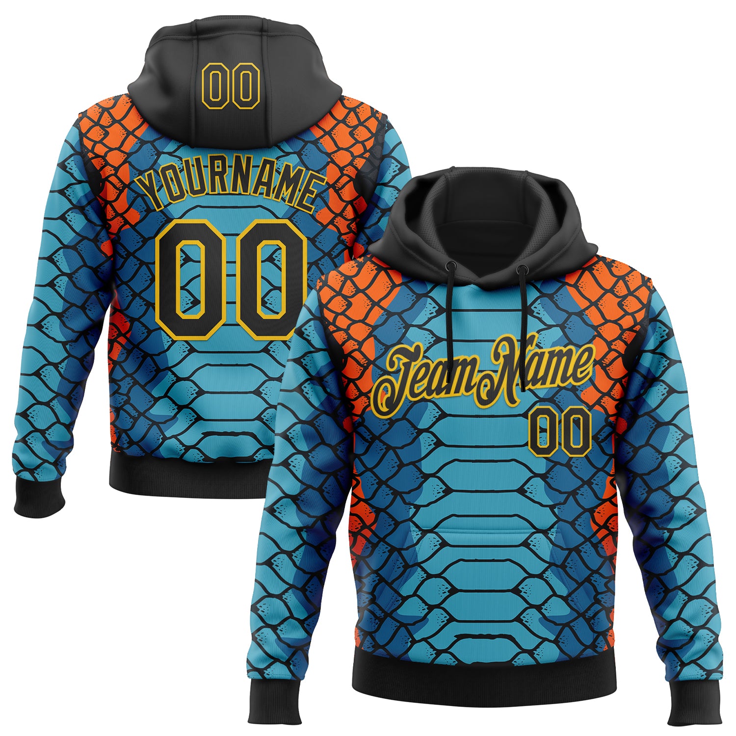 FansIdea Custom Stitched Blue Black Orange-Yellow 3D Pattern Design Snake Skin Print Sportswear Pullover Sweatshirt Hoodie - $32.99 at Proof Eyewear