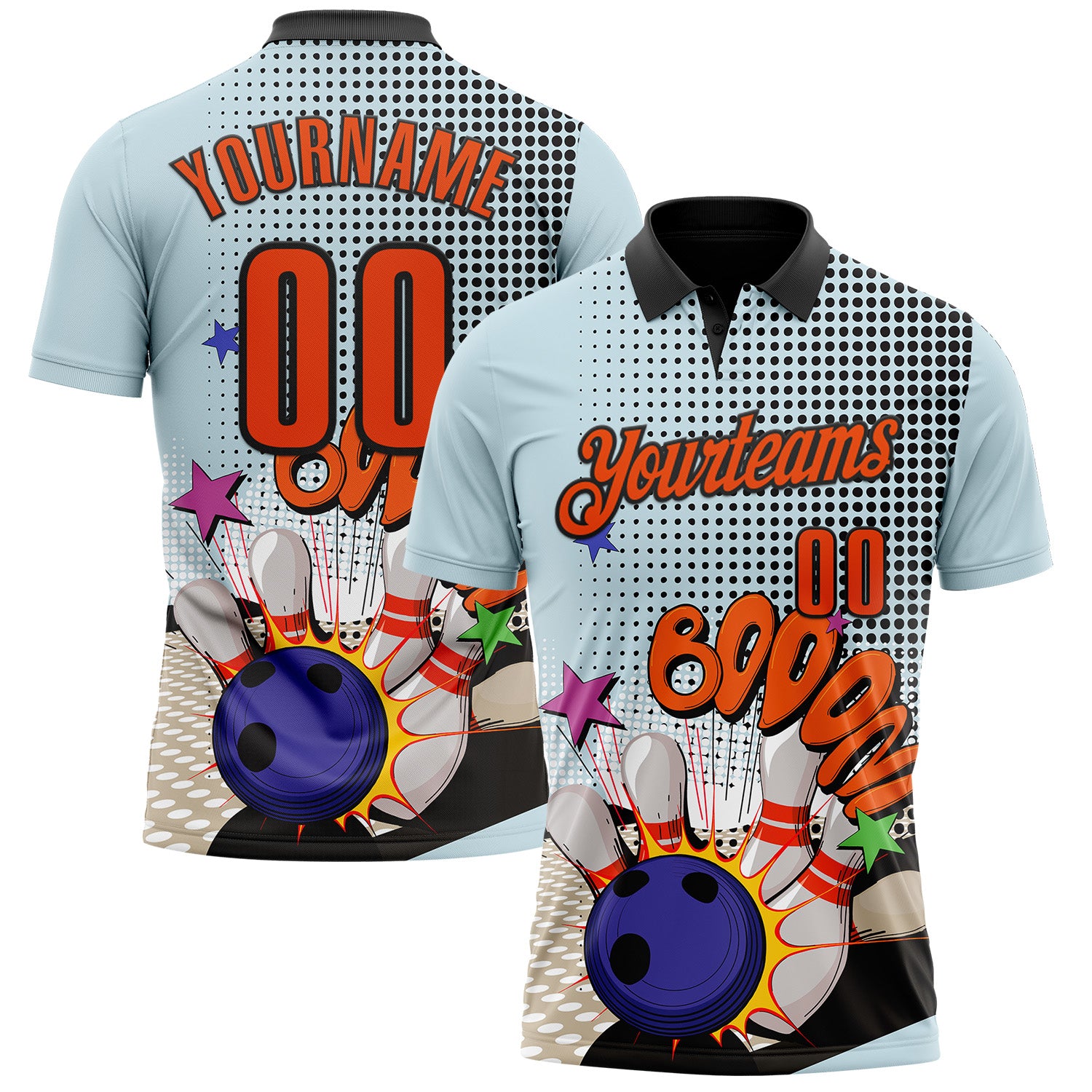 FansIdea Custom Blue Orange-Black Bowling Ball And Pins Strike Performance Polo Shirt - $19.99 at Proof Eyewear