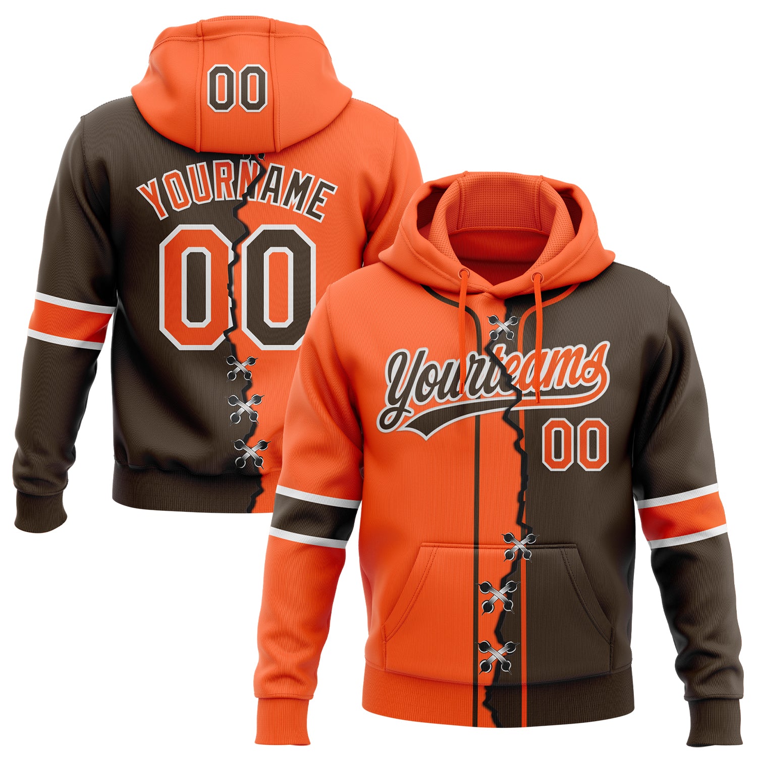 FansIdea Custom Brown Orange-White Split Ripped Pattern Baseball Pullover Sweatshirt Hoodie - $32.99 at Proof Eyewear