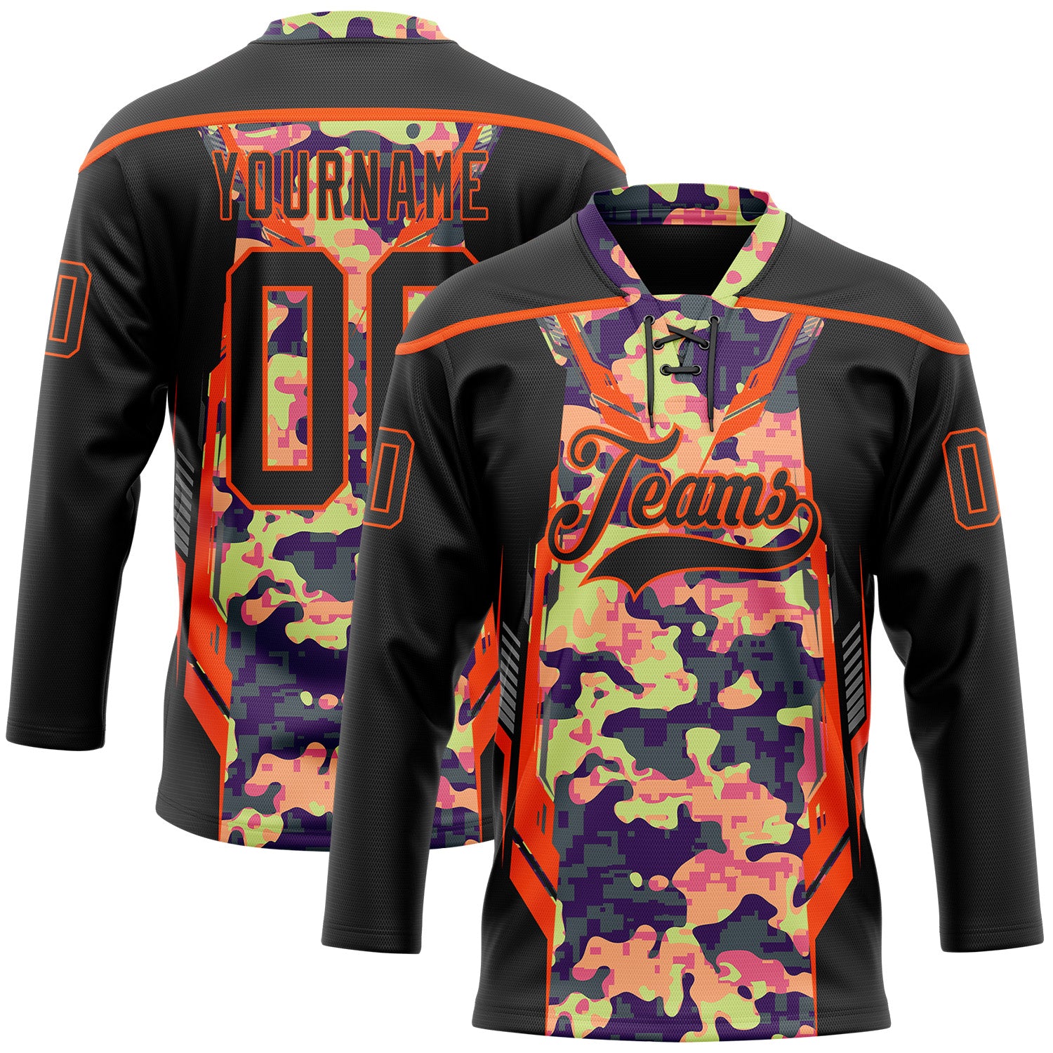 FansIdea Custom Camo Black-Orange 3D Camouflage Pixel Hockey Lace Neck Jersey - $29.99 at Proof Eyewear