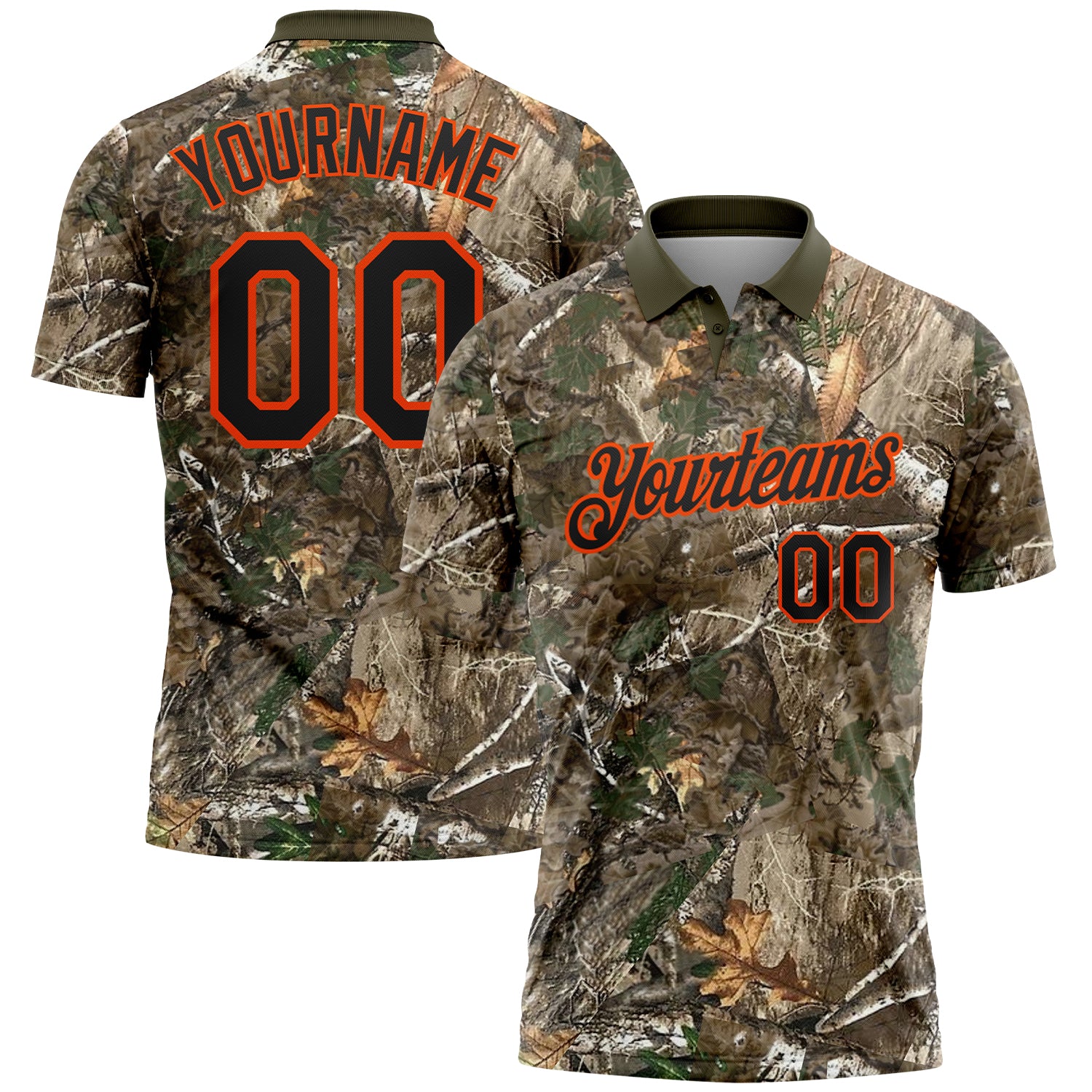 FansIdea Custom Camo Black Orange-Olive Camo Woodland Forest Camouflage Salute To Service Performance Polo Shirt - $19.99 at Proof Eyewear