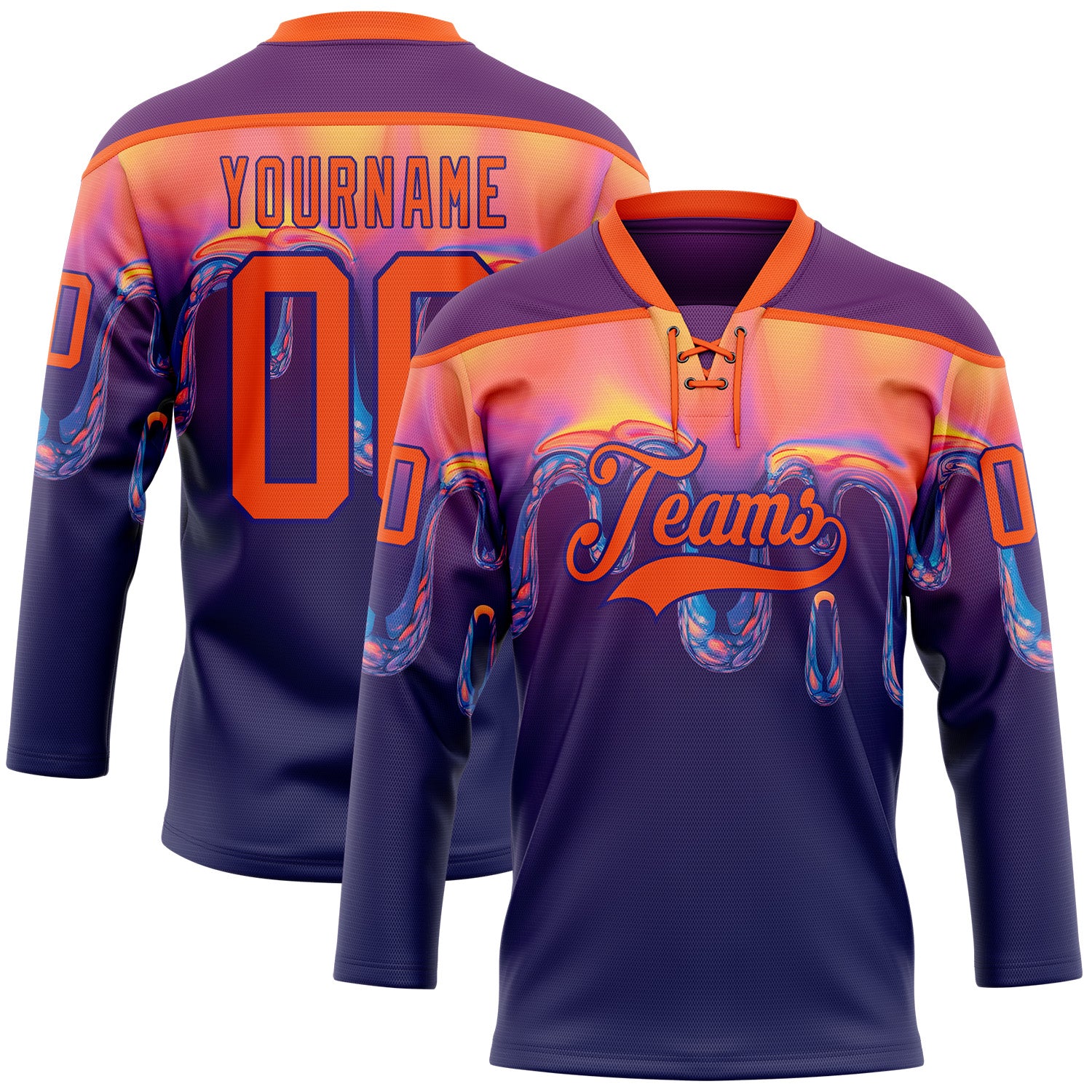 FansIdea Custom Dark Purple Orange-Purple Melting Psychedelic Lace Neck Hockey Jersey - $29.99 at Proof Eyewear