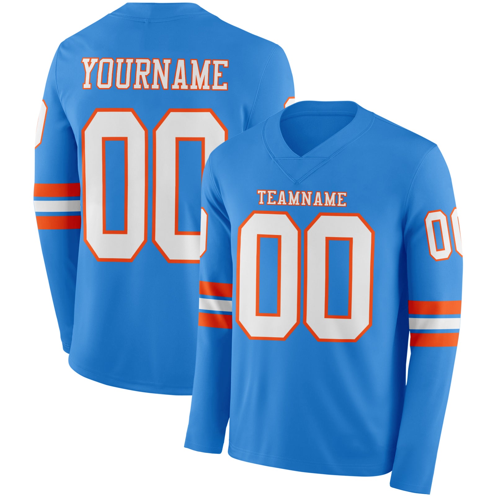 FansIdea Custom Powder Blue White-Orange Long Sleeve Authentic Football Jersey - $24.99 at Proof Eyewear