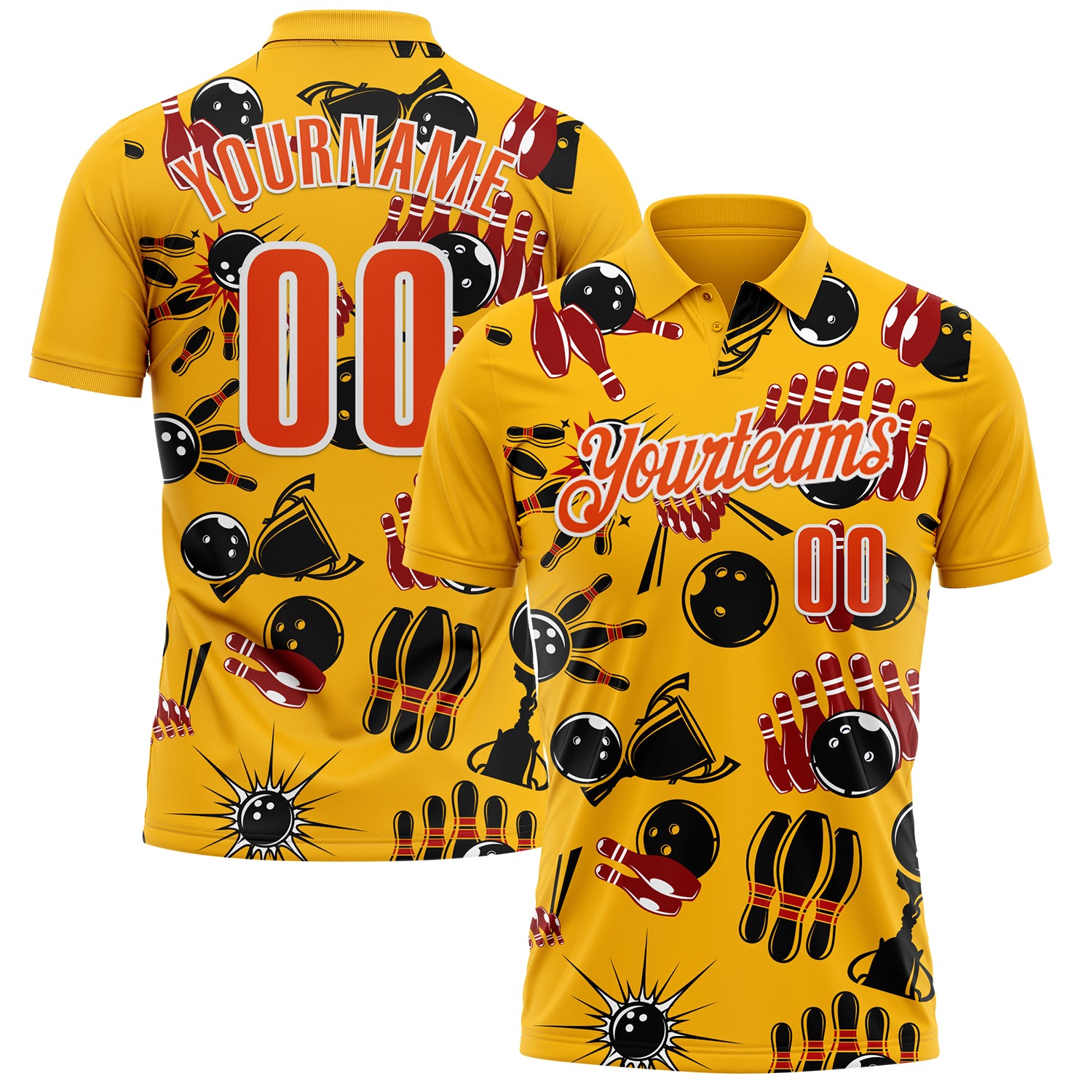 FansIdea Custom Gold Orange-White Bowling Ball And Pins Strike Performance Polo Shirt - $19.99 at Proof Eyewear