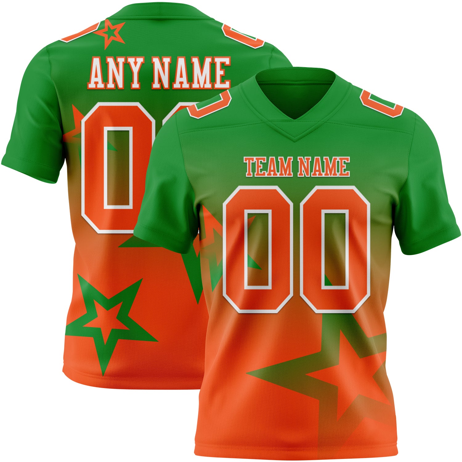 FansIdea Custom Grass Green Orange-White Authentic Gradient Style Twinkle Star Football Jersey - $19.99 at Proof Eyewear