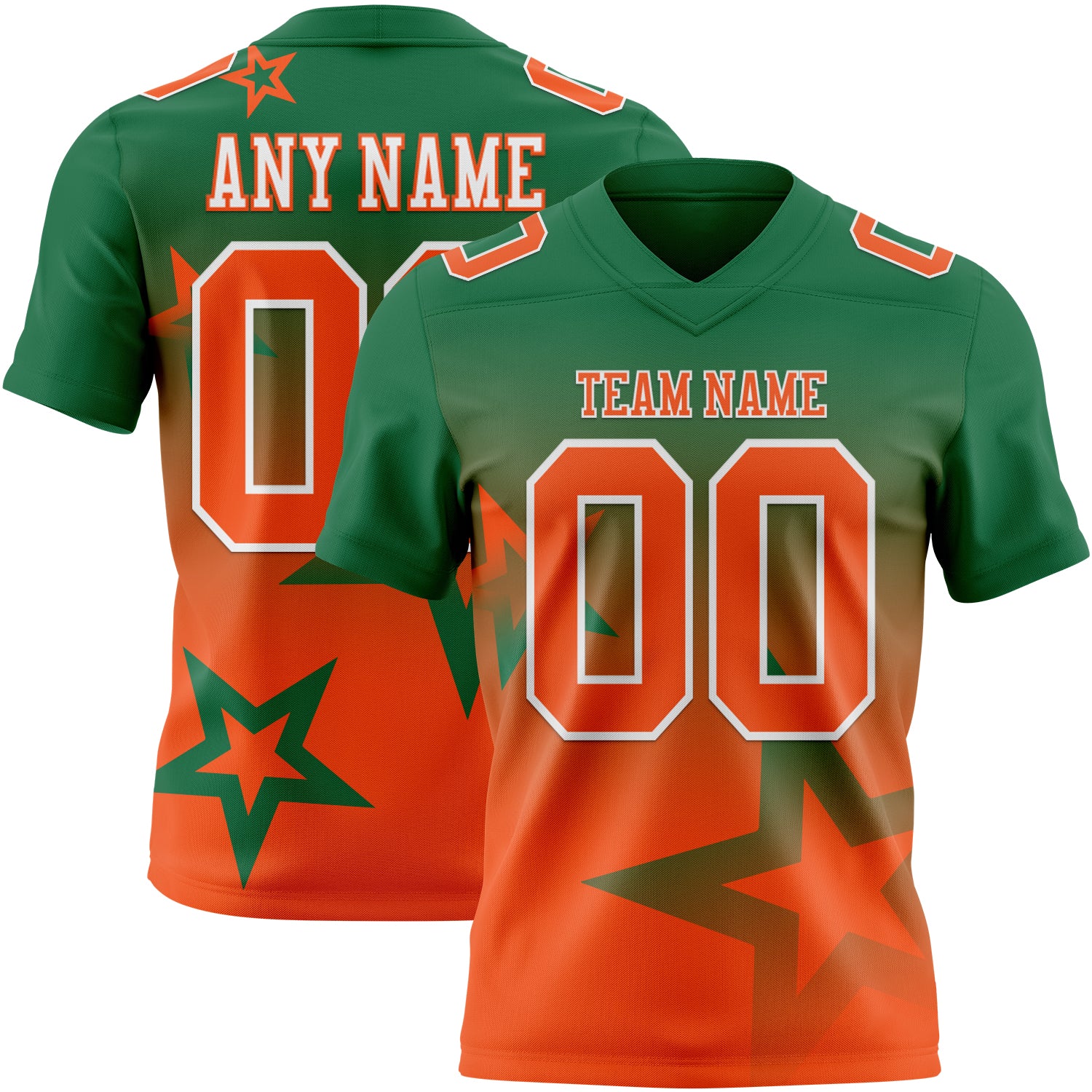 FansIdea Custom Kelly Green Orange-White Authentic Gradient Style Twinkle Star Football Jersey - $19.99 at Proof Eyewear