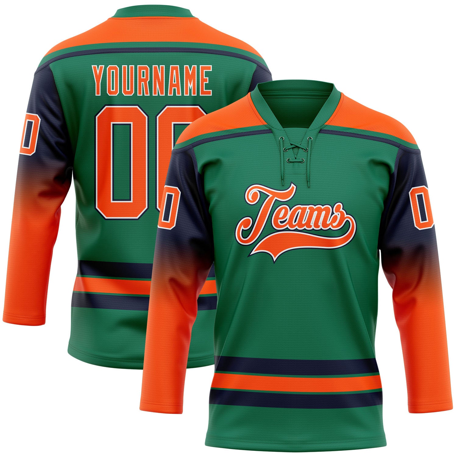 FansIdea Custom Kelly Green Orange Navy-White Gradient Sleeves Lace Neck Hockey Jersey - $29.99 at Proof Eyewear