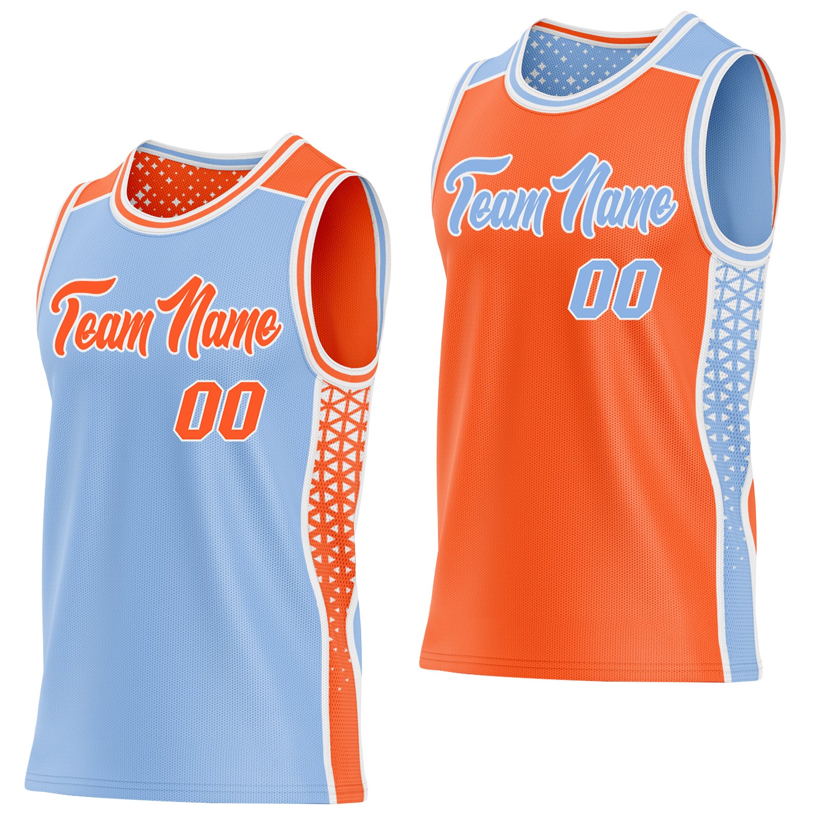 FansIdea Custom Light Blue Orange-White Side Panel Stripe Geometric Triangle Gradient Dot Reversible Double Side Sublimation Basketball Set Jersey - $17.99 at Proof Eyewear